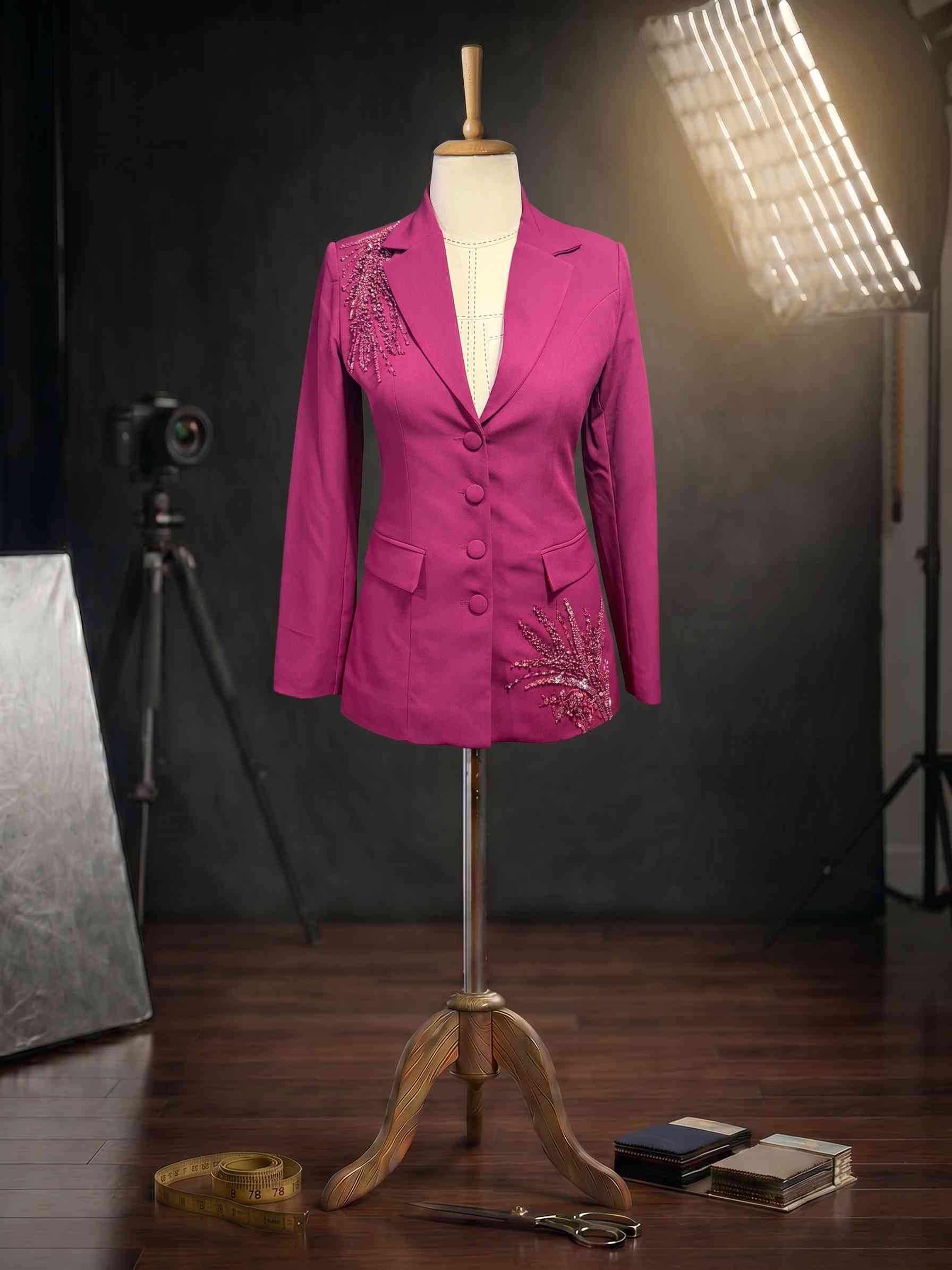 Asimetrik Kristal Burst İşlemeli Tailored Magenta Blazer Ceket Amati
