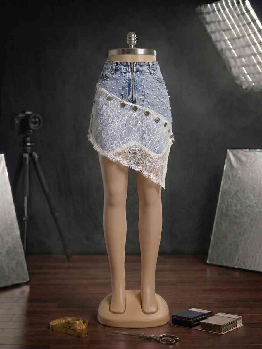 Asimetrik Dantel ve İnci Detaylı Tailored Denim Etek Aria 