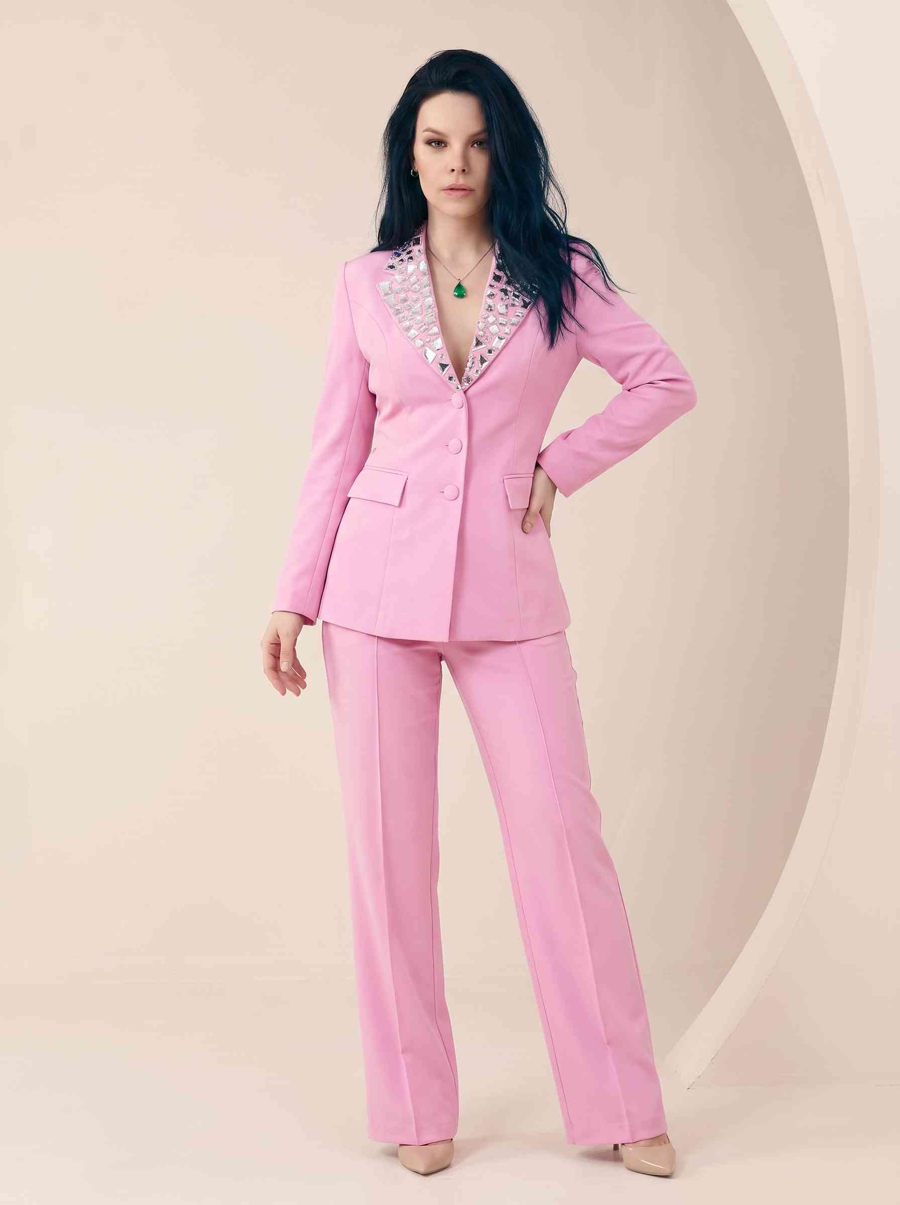 Taş İşlemeli Pembe Ceket Pantolon Takım - Amethyst Blush