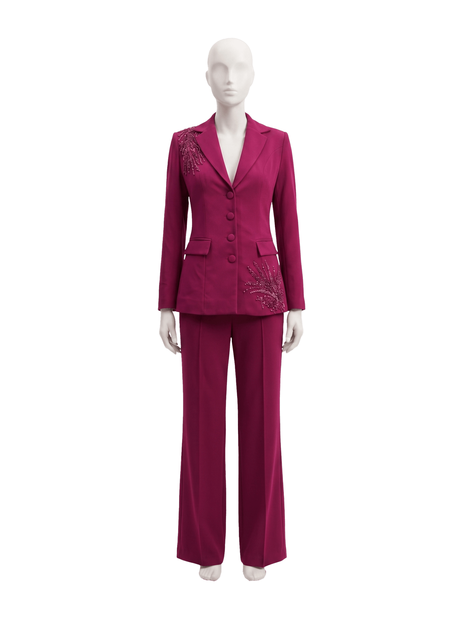 Asimetrik Kristal Burst İşlemeli Tailored Magenta Blazer Ceket ve Pantolon Takım Amati