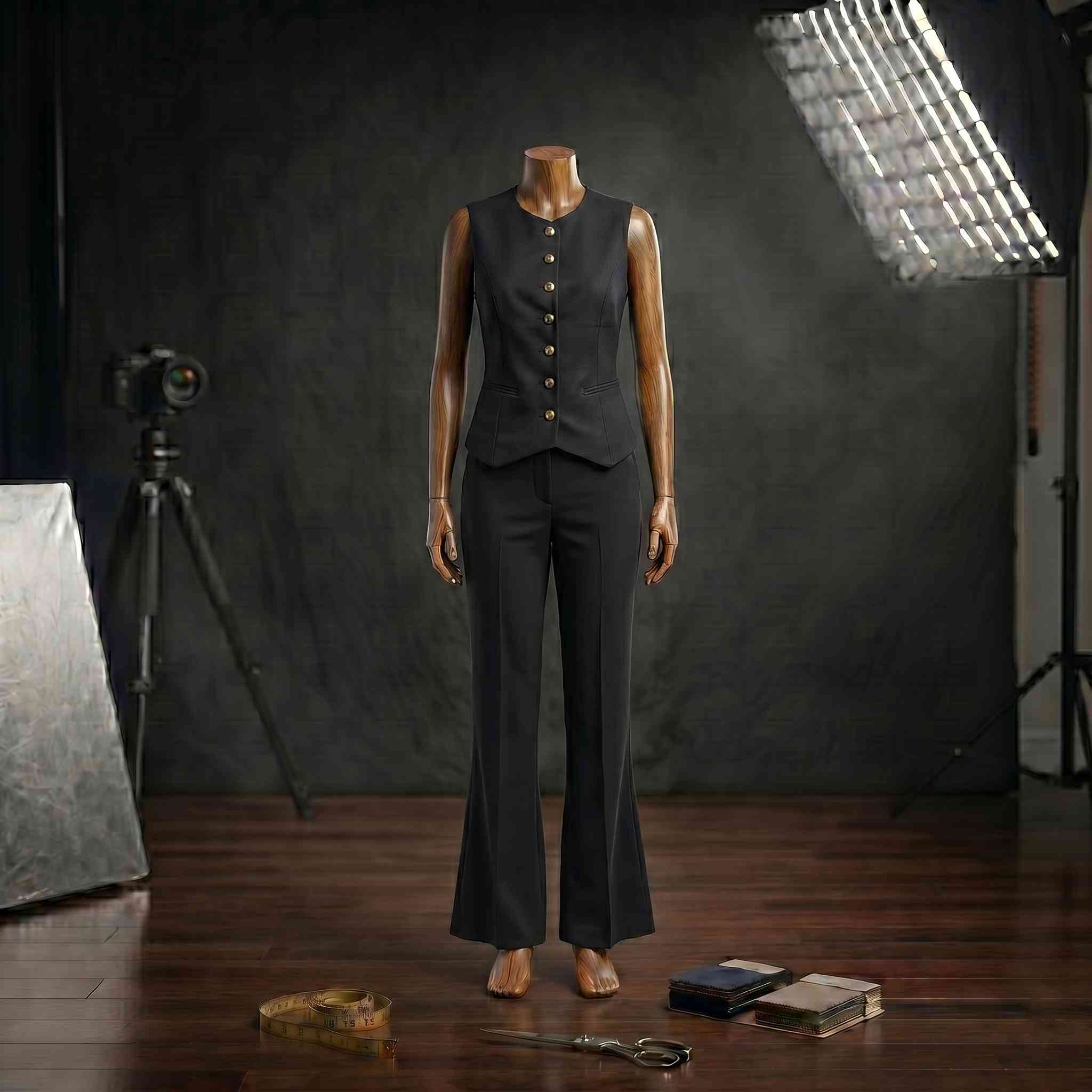 Altın Düğmeli Tailored Yelek ve Dikiş Detaylı İspanyol Paça Pantolon Takımı Astra