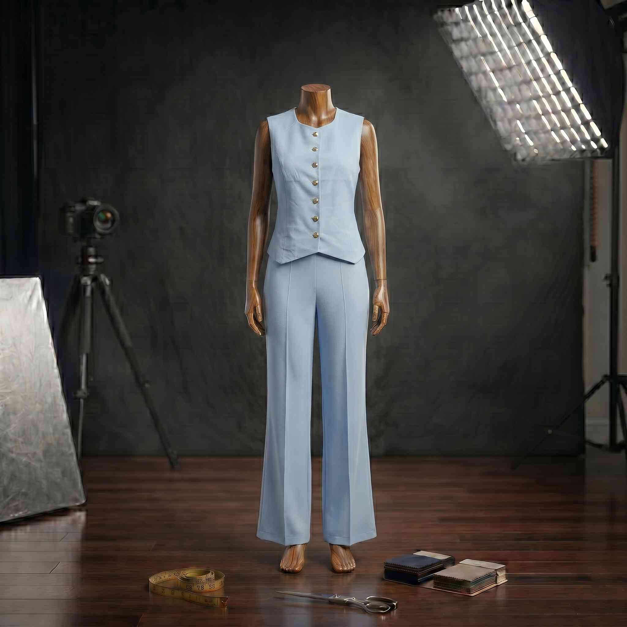 Altın Düğmeli Tailored Yelek ve Dikiş Detaylı İspanyol Paça Pantolon Takımı Azurea