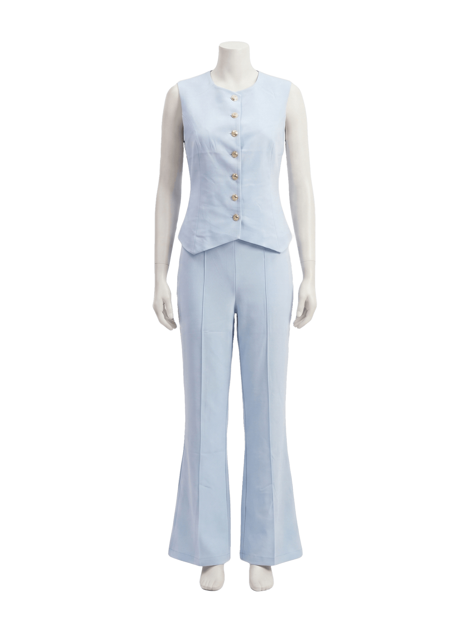 Altın Düğmeli Tailored Yelek ve Dikiş Detaylı İspanyol Paça Pantolon Takımı Azurea
