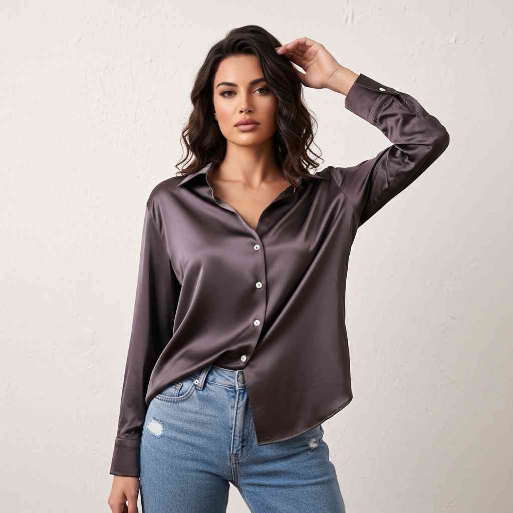 Sırtı Kristal İşlemeli Premium Saten Gömlek Bronzite 