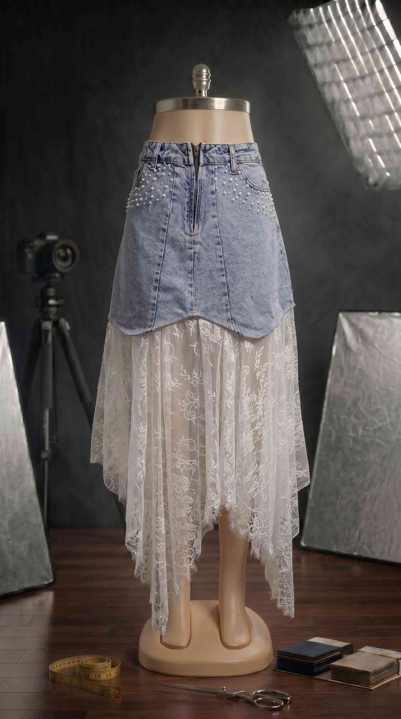 İnci İşlemeli Denim ve Asimetrik Dantel Katmanlı Maksi Etek Celessa 