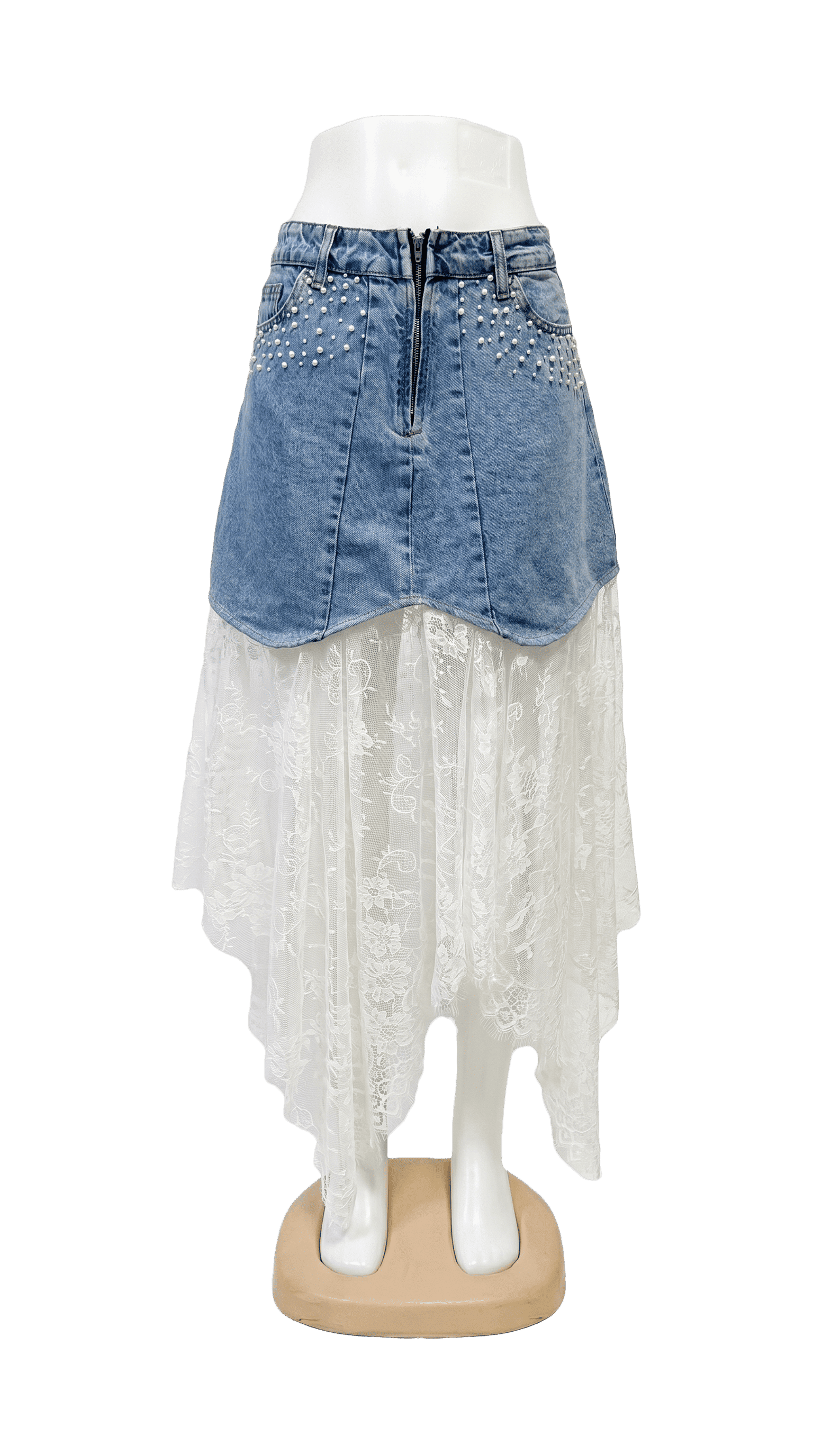 İnci İşlemeli Denim ve Asimetrik Dantel Katmanlı Maksi Etek Celessa 