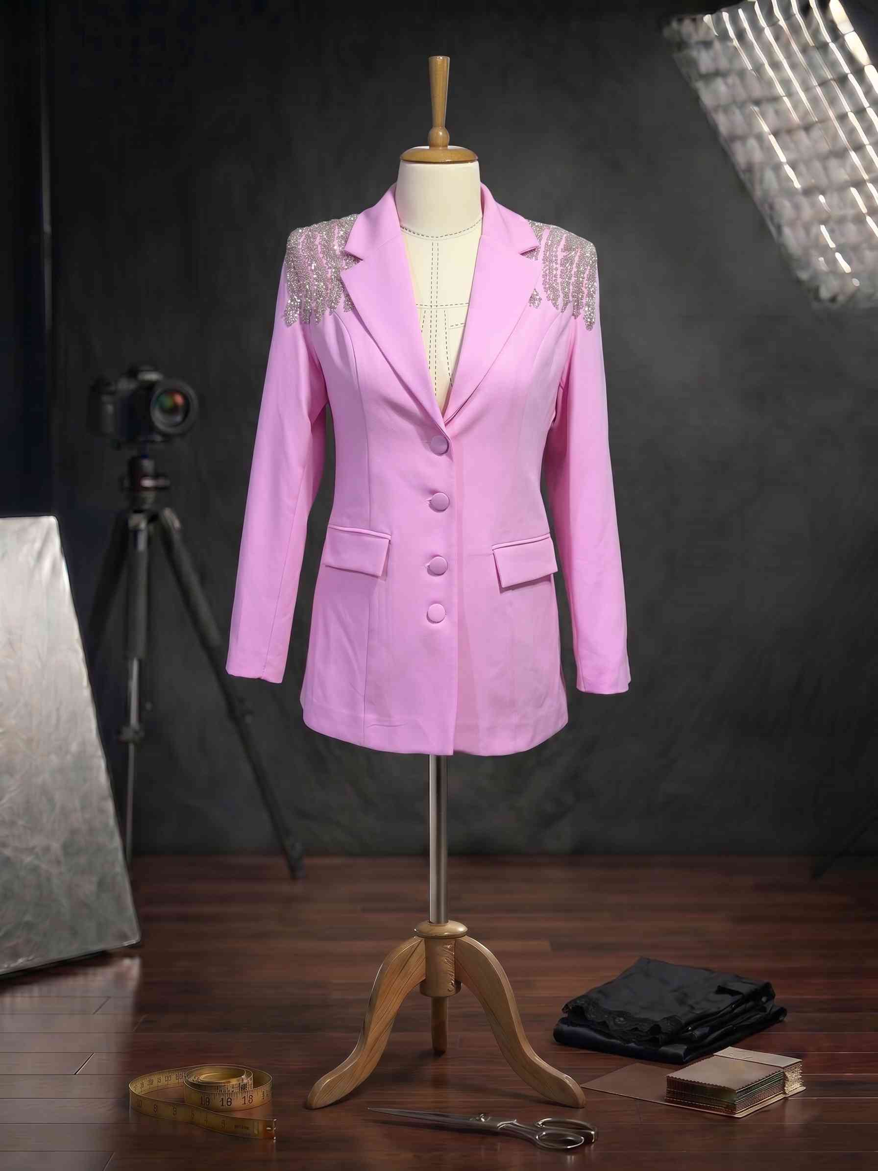 Omuz Kristal Saçak Detaylı Tailored Pembe Blazer Ceket Elysia