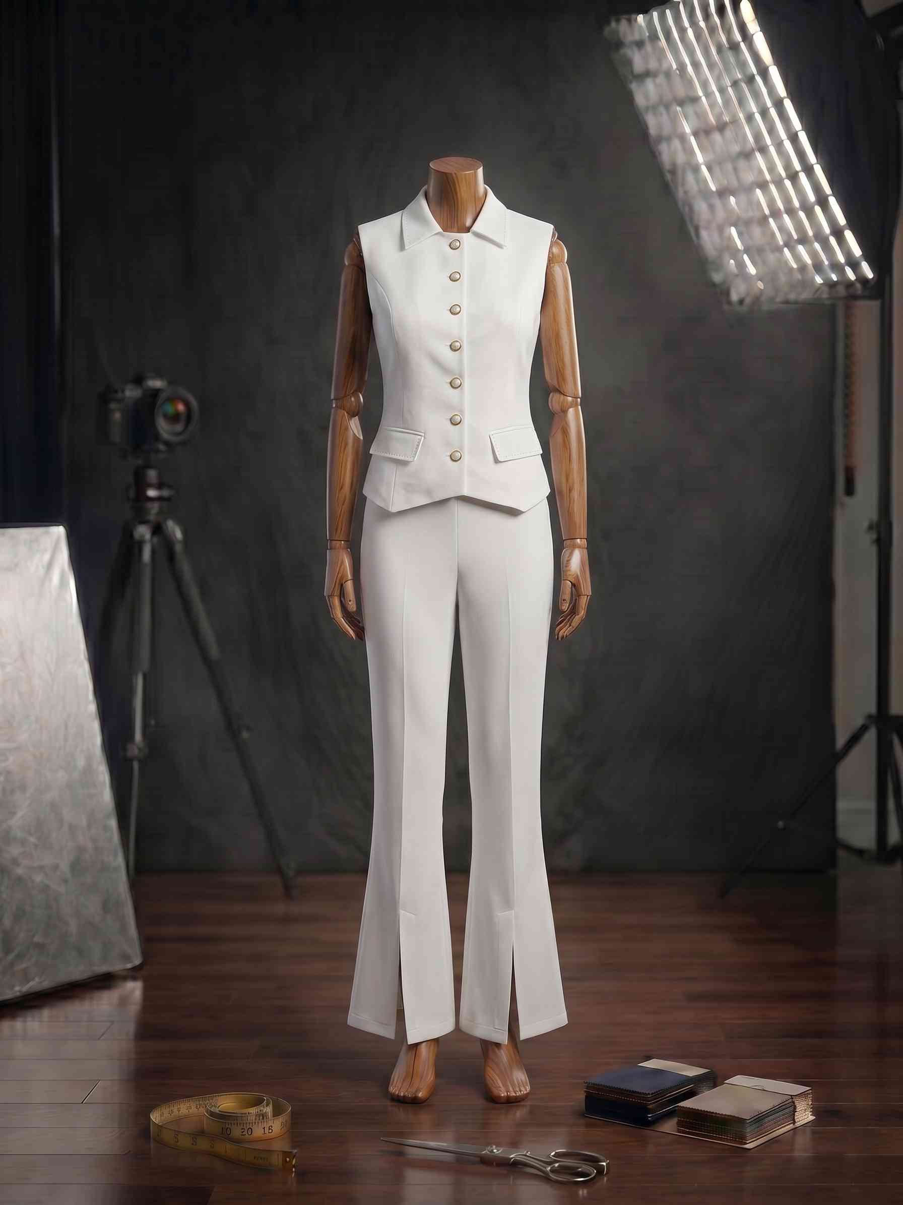 Altın Düğmeli Tailored Beyaz Yelek ve Yırtmaçlı Pantolon Takımı Eos