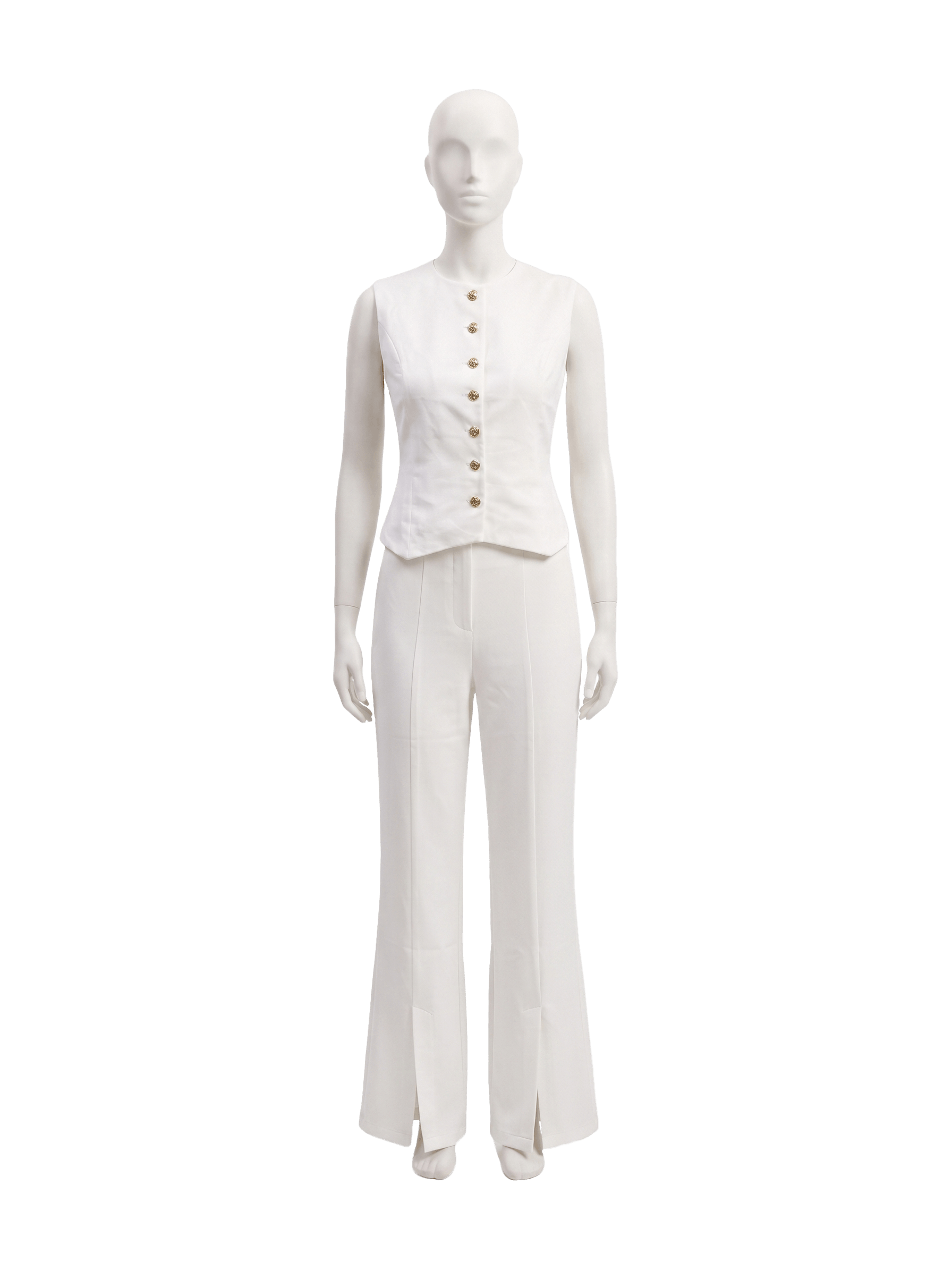 Altın Düğmeli Tailored Beyaz Yelek ve Yırtmaçlı Pantolon Takımı Eos