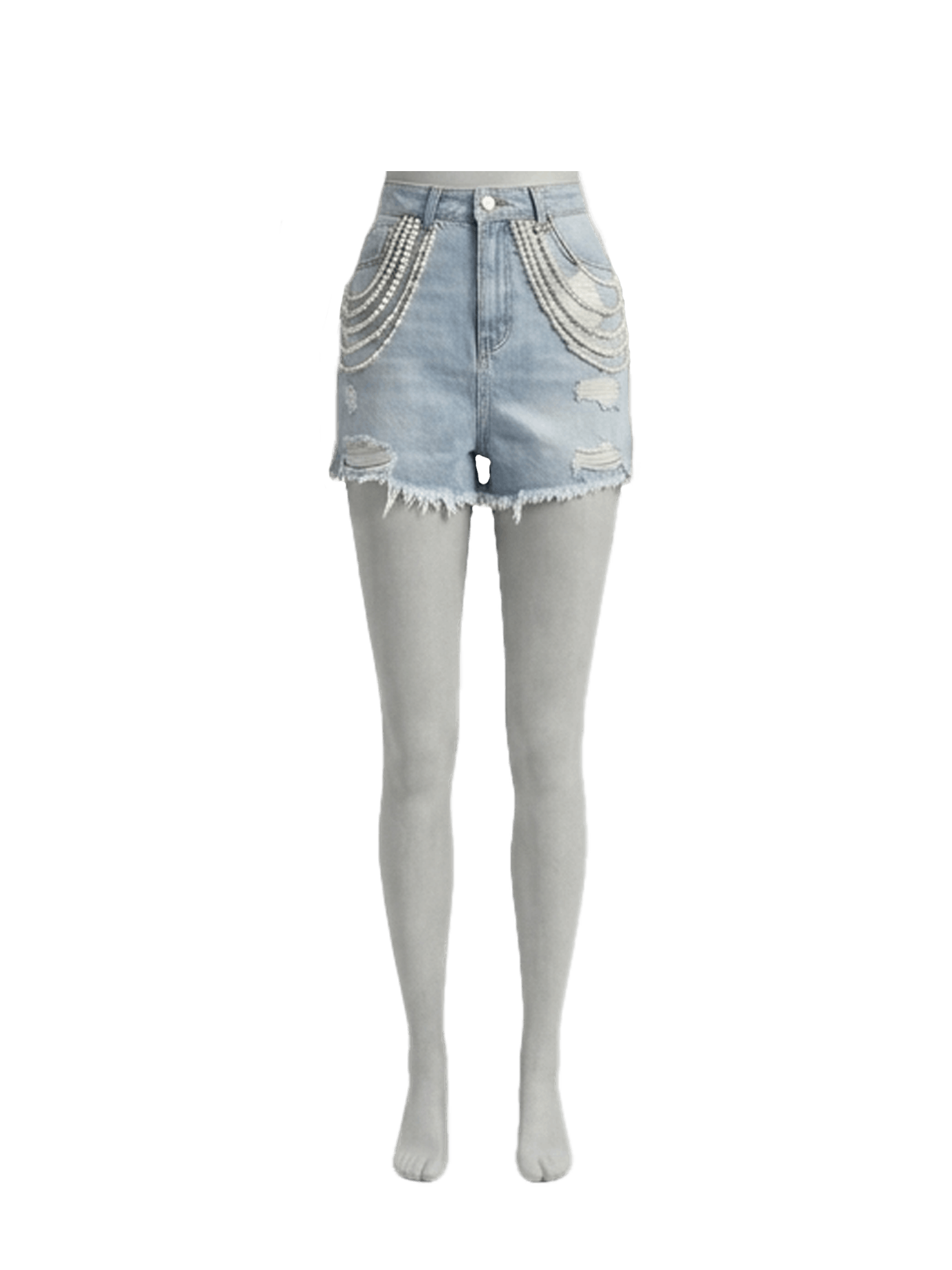 İnci ve Kristal Zincir Detaylı Distressed Denim Şort Etherea 