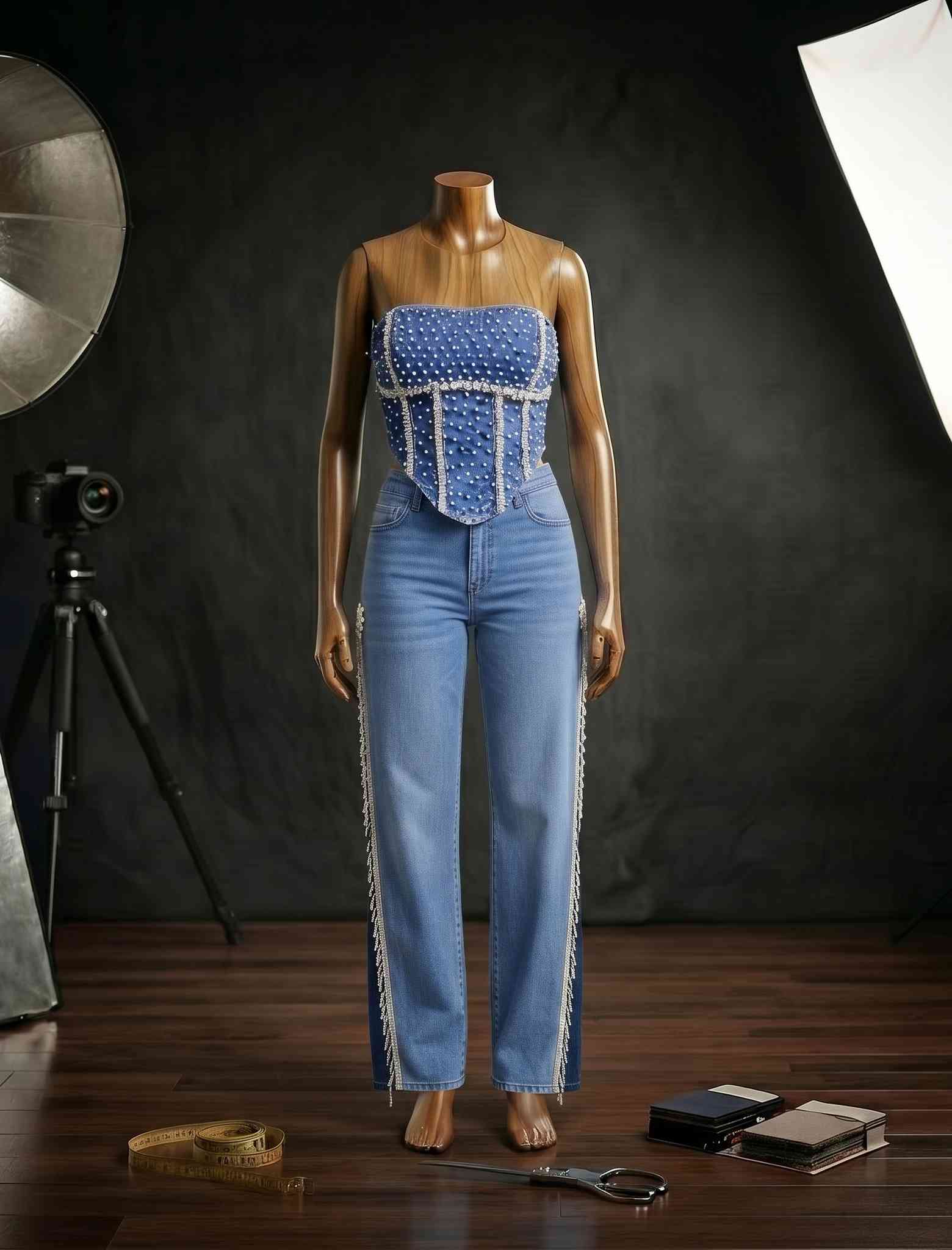 İnci İşlemeli Denim Korset Büstiyer ve Yanları İnci Saçaklı Denim Pantolon Takımı Marea
