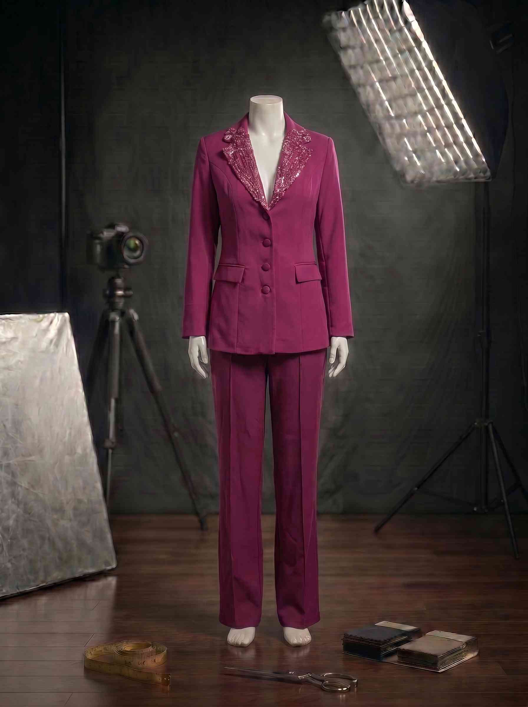 Fulgora Yoğun Kristal Pave Yaka İşlemeli Magenta Kruvaze Form Ceket - Geniş Paça Pantolon Takım