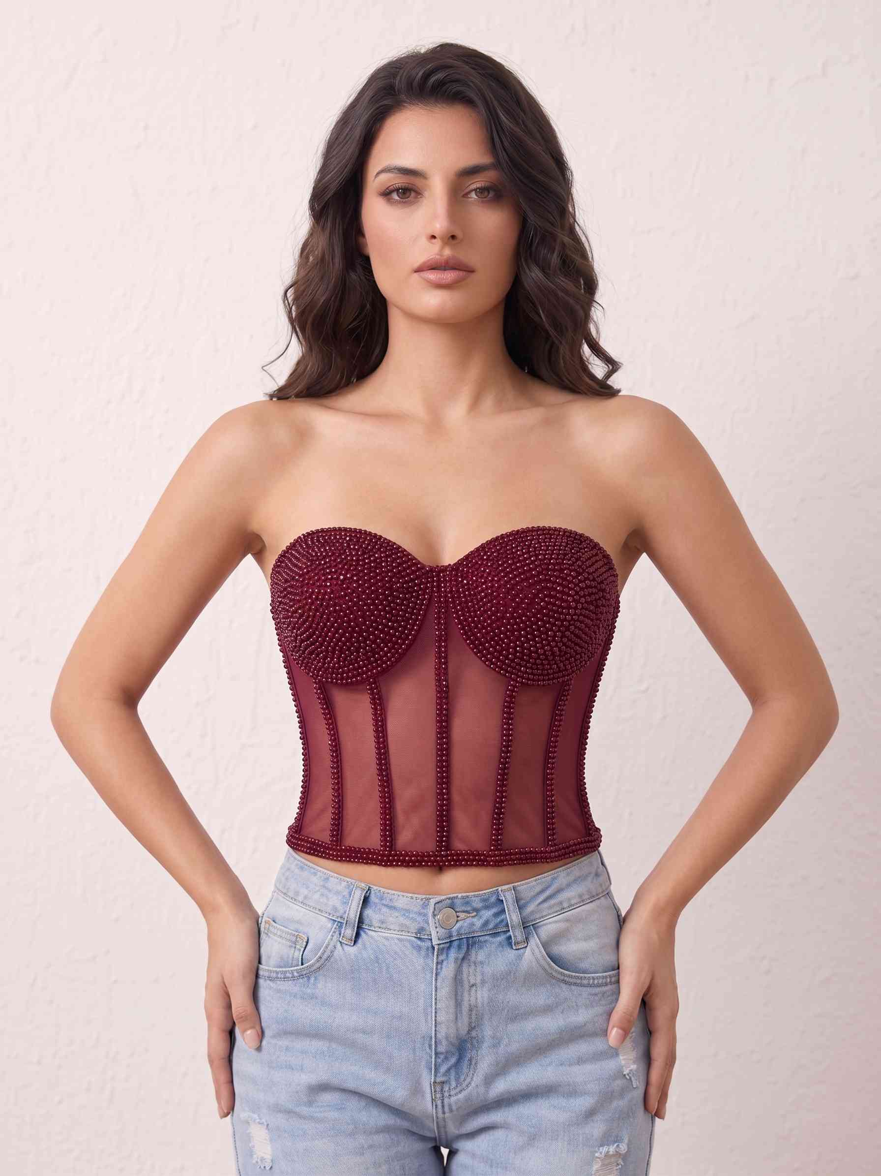 Kristal İşlemeli Bordo Transparan Detaylı Korse Büstiyer Rubra