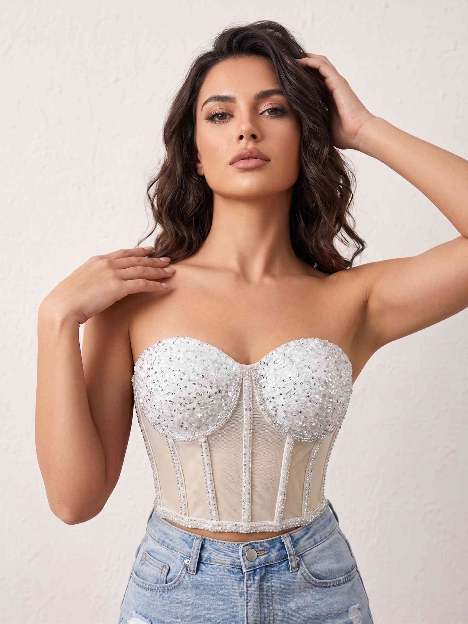 Kristal İşlemeli Siyah Transparan Detaylı Korse Büstiyer Obsidian 
