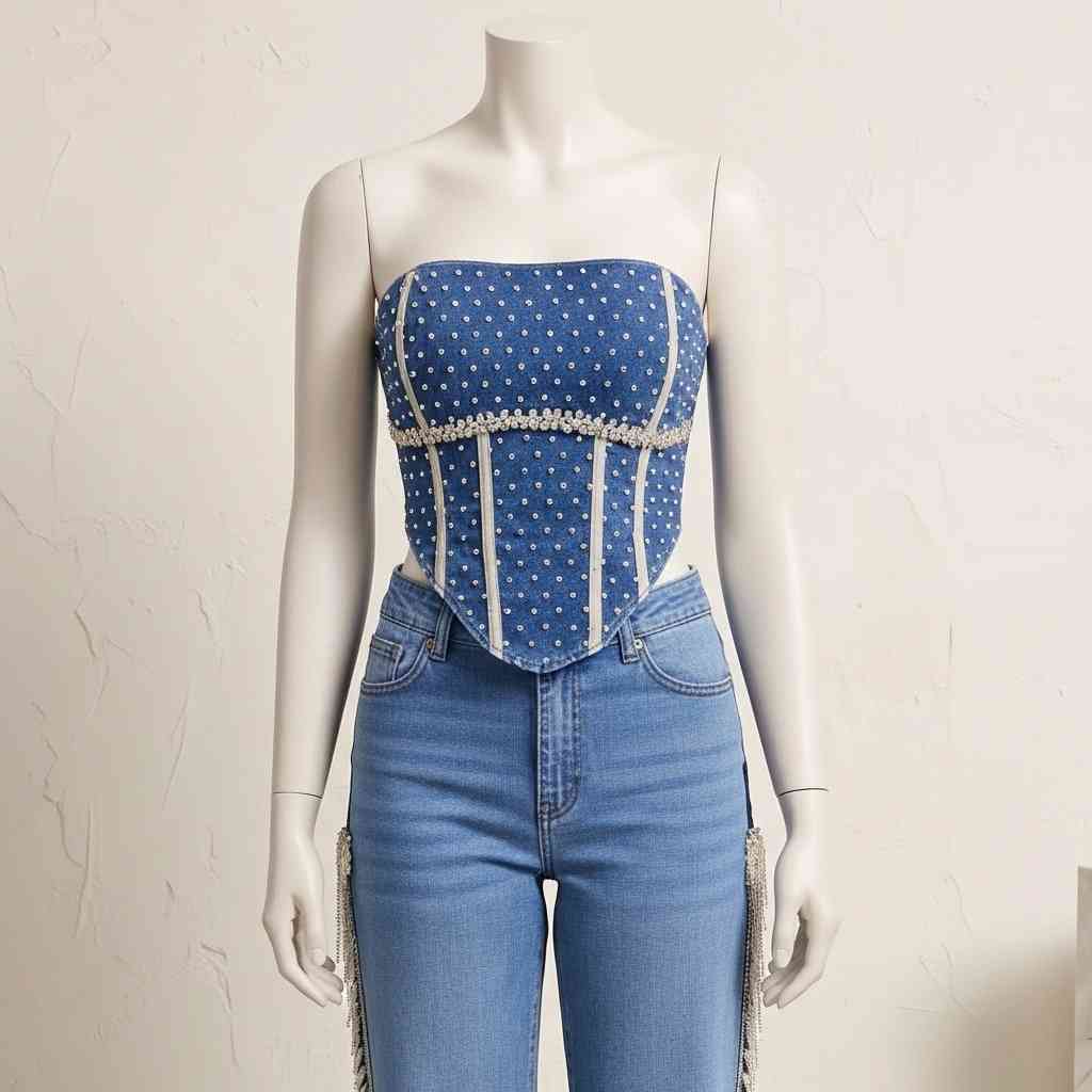 İnci İşlemeli Denim Korset Büstiyer ve Yanları İnci Saçaklı Denim Pantolon Takımı Marea