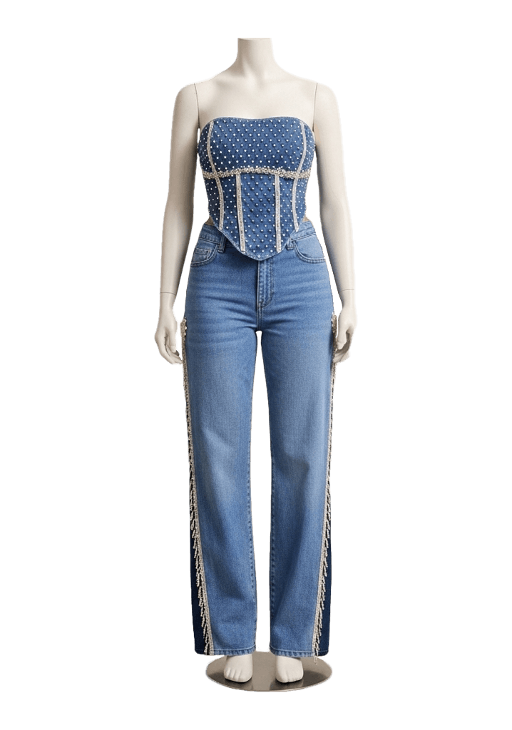 İnci İşlemeli Denim Korset Büstiyer ve Yanları İnci Saçaklı Denim Pantolon Takımı Marea