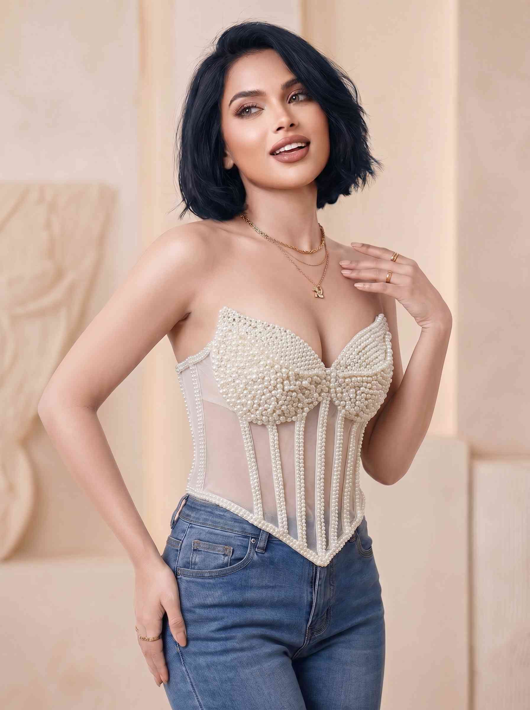 Nivea İnci İşlemeli Beyaz Couture Korset Büstiyer