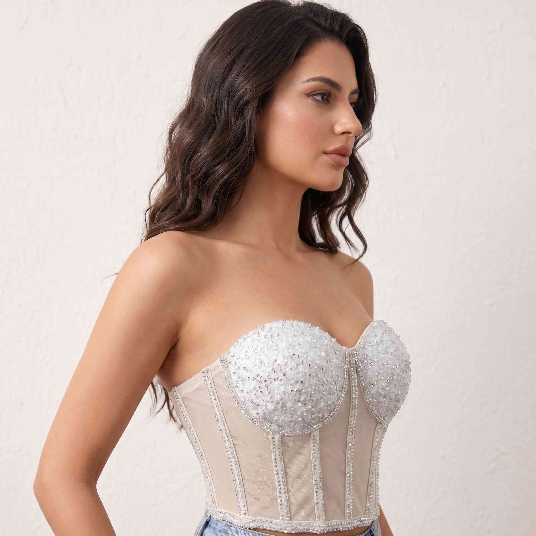 Nivea Serena Beyaz Kristal Taş İşlemeli Balenli Transparan Korse Büstiyer