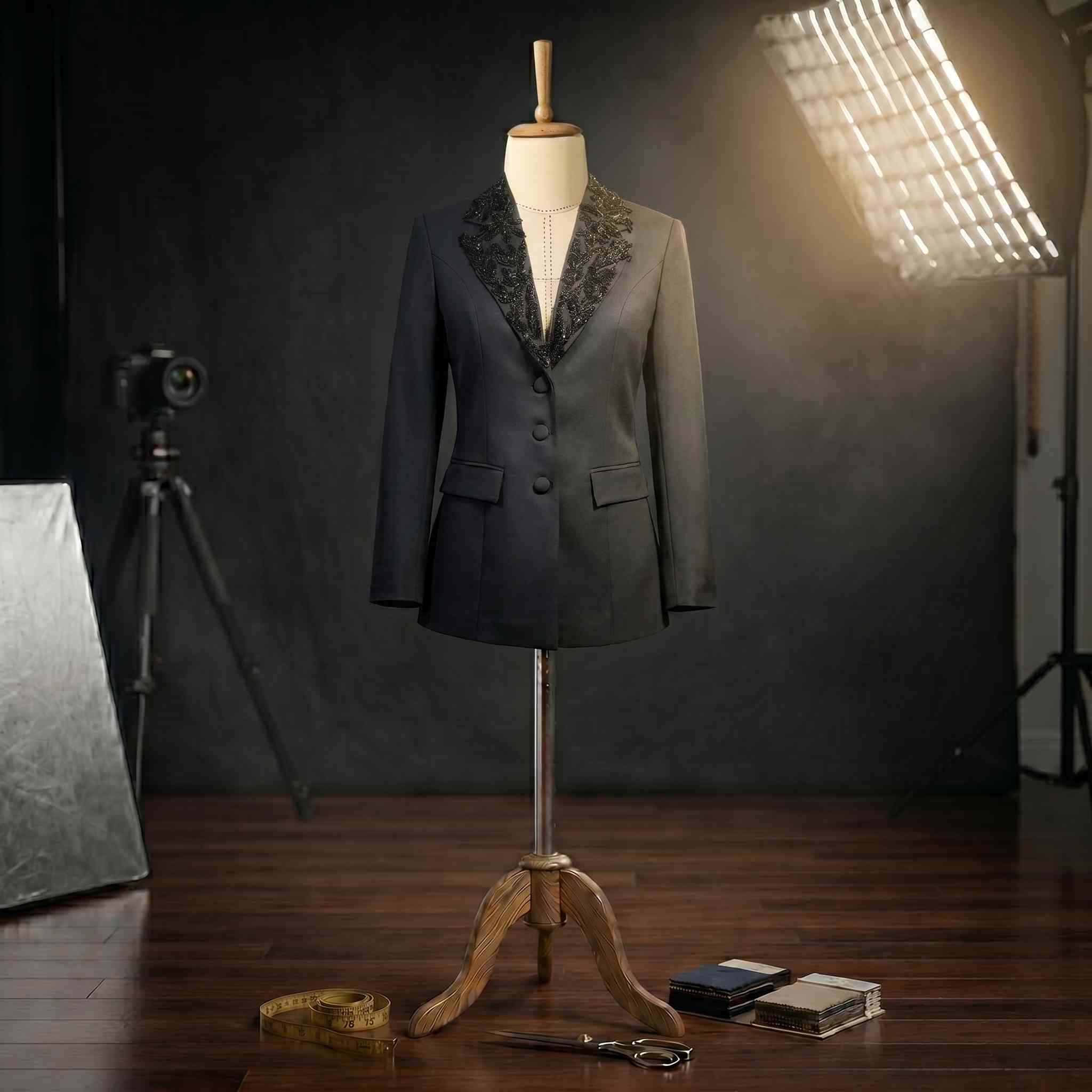 Yaka El İşçiliği Kristal İşlemeli Tailored Siyah Blazer Ceket Nocturna