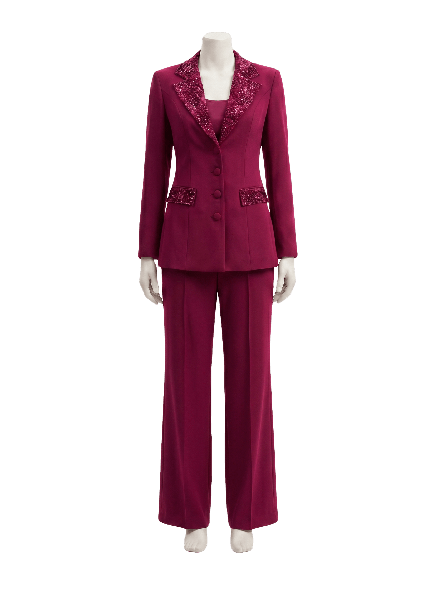 Yaka ve Cep Kristal İşlemeli Tailored Magenta Blazer Ceket ve Pantolon Takımı Rubellite
