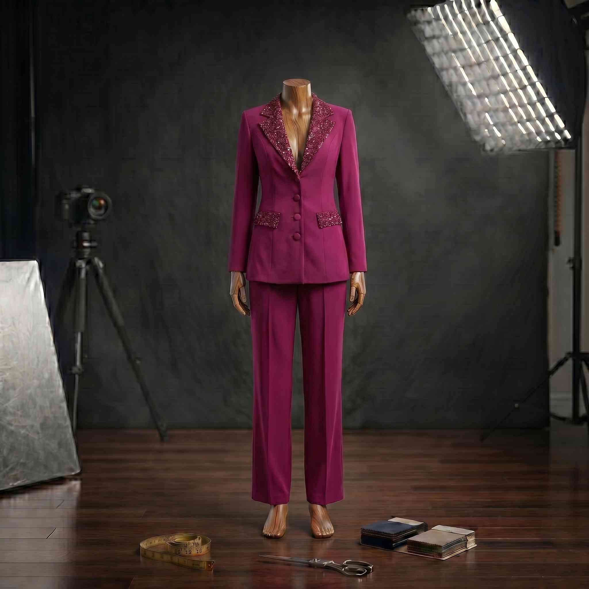 Yaka ve Cep Kristal İşlemeli Tailored Magenta Blazer Ceket ve Pantolon Takımı Rubellite