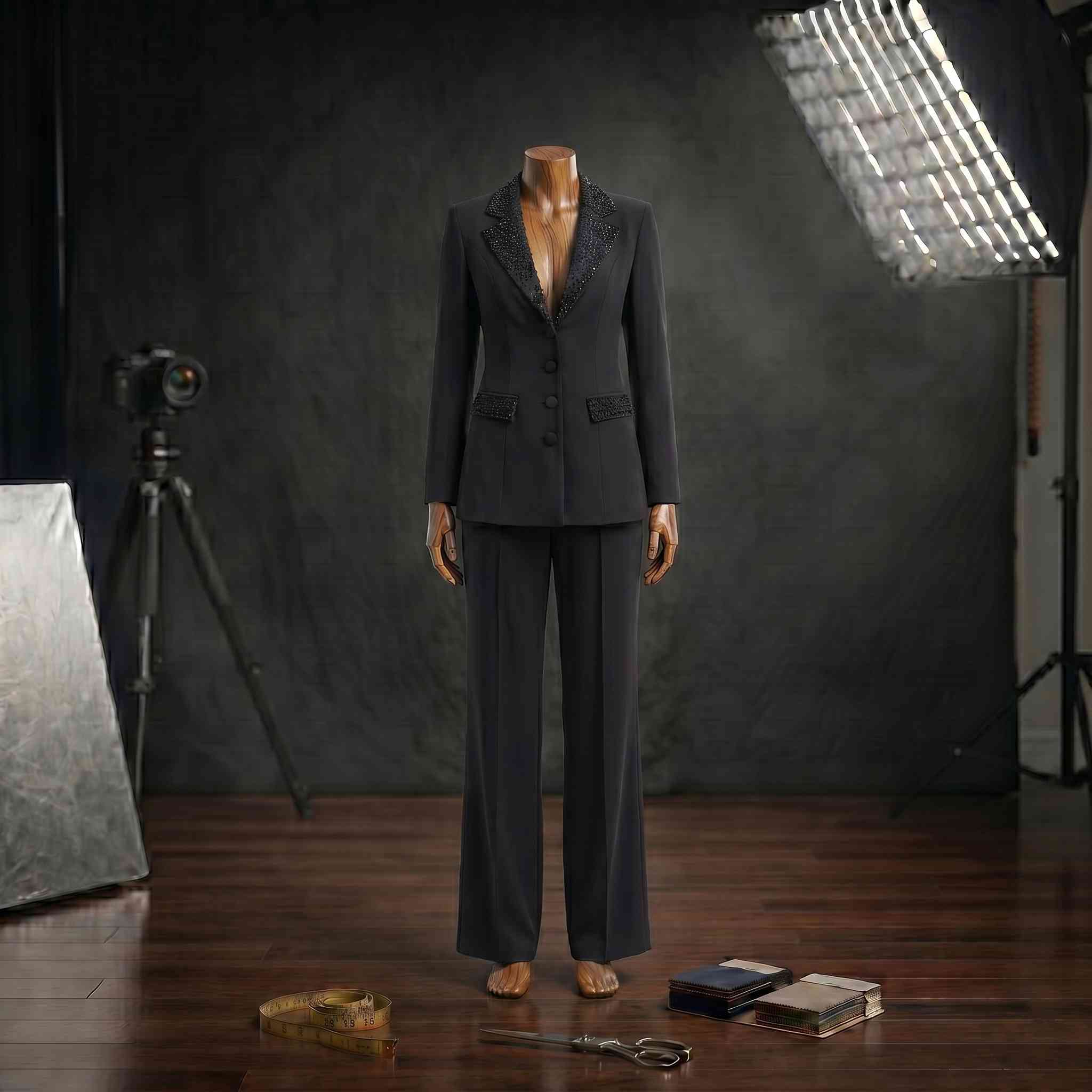 Yaka ve Cep Kristal İşlemeli Tailored Magenta Blazer Ceket ve Pantolon Takımı Rubellite