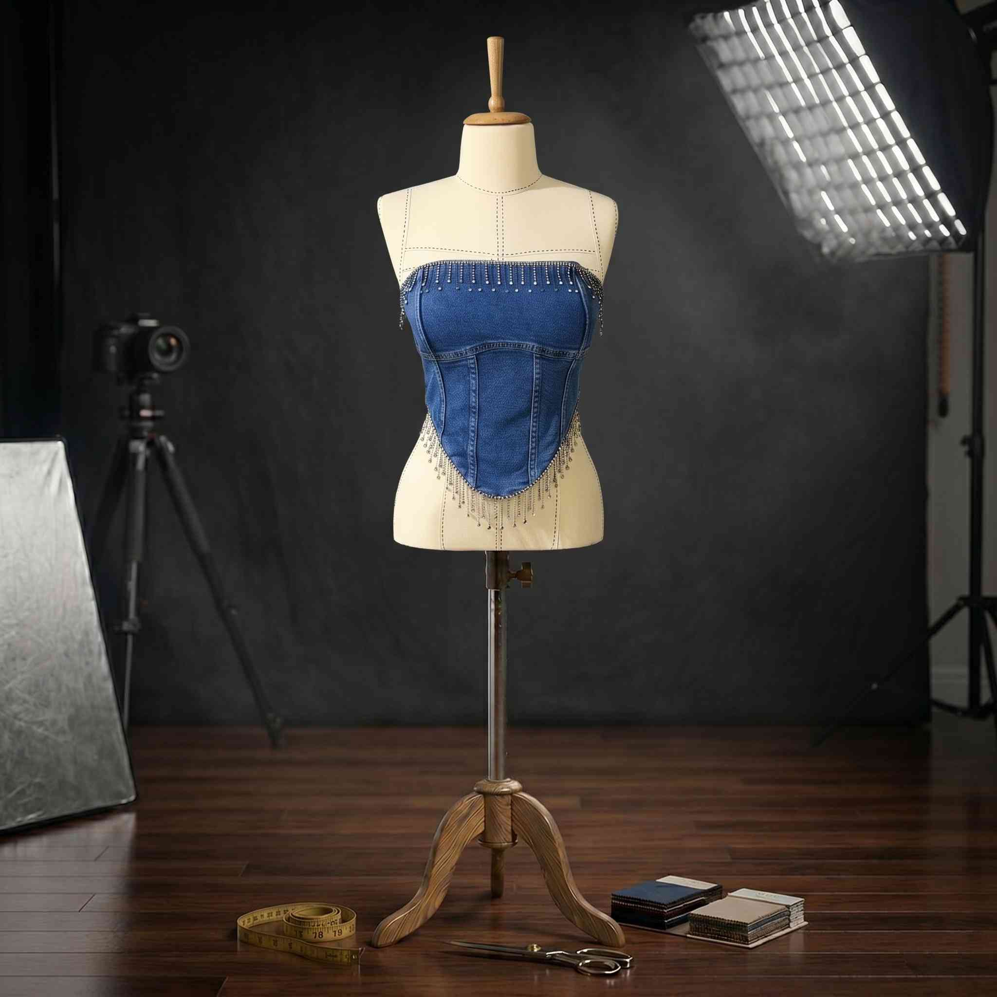 Kristal Saçaklı Likralı Premium Denim Büstiyer Korse Nova