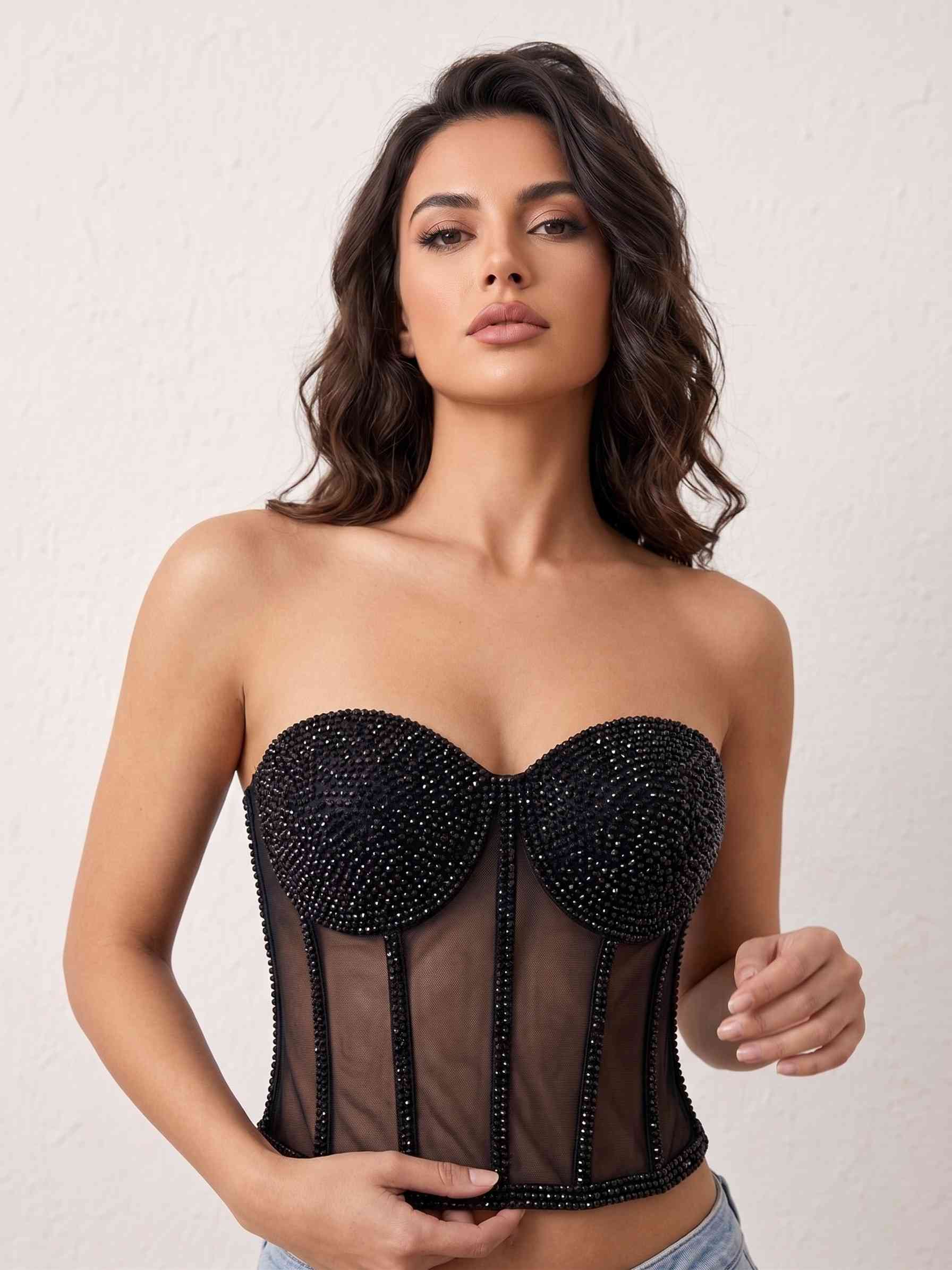 Kristal İşlemeli Siyah Transparan Detaylı Korse Büstiyer Obsidian 