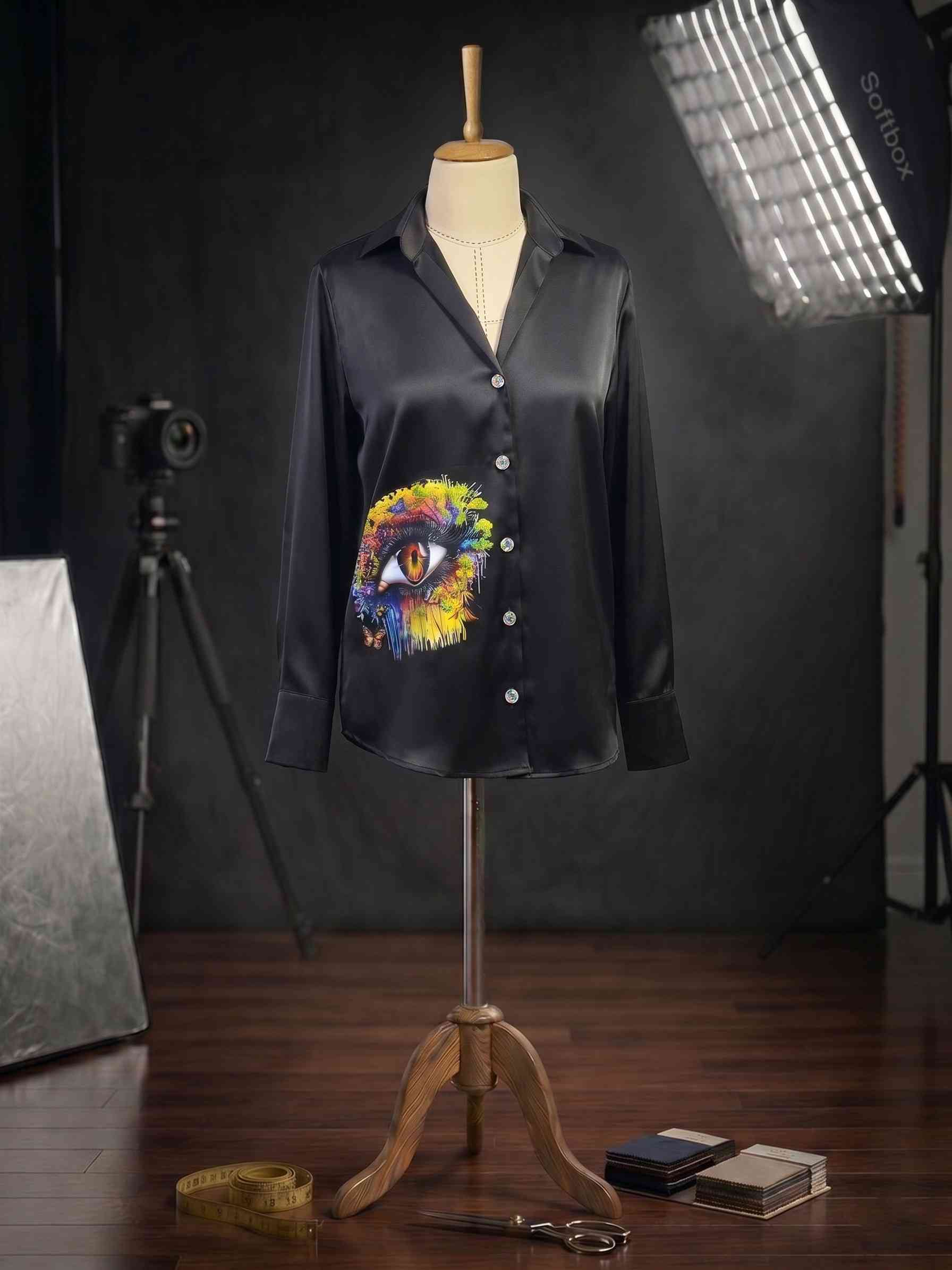 Sürrealist Göz Baskılı Tailored Siyah Saten Gömlek Ocularis 