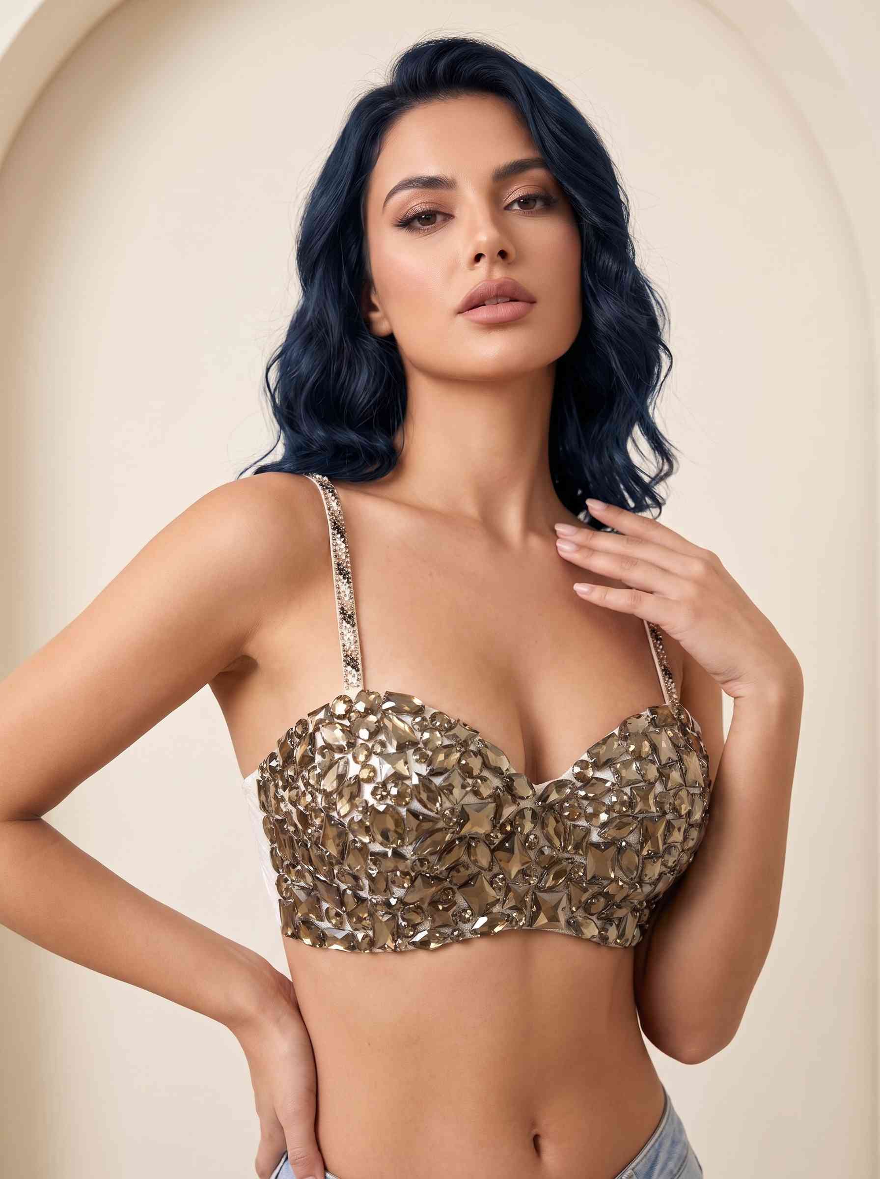 Kristal Taş İşlemeli Bronz Büstiyer Amber Glow