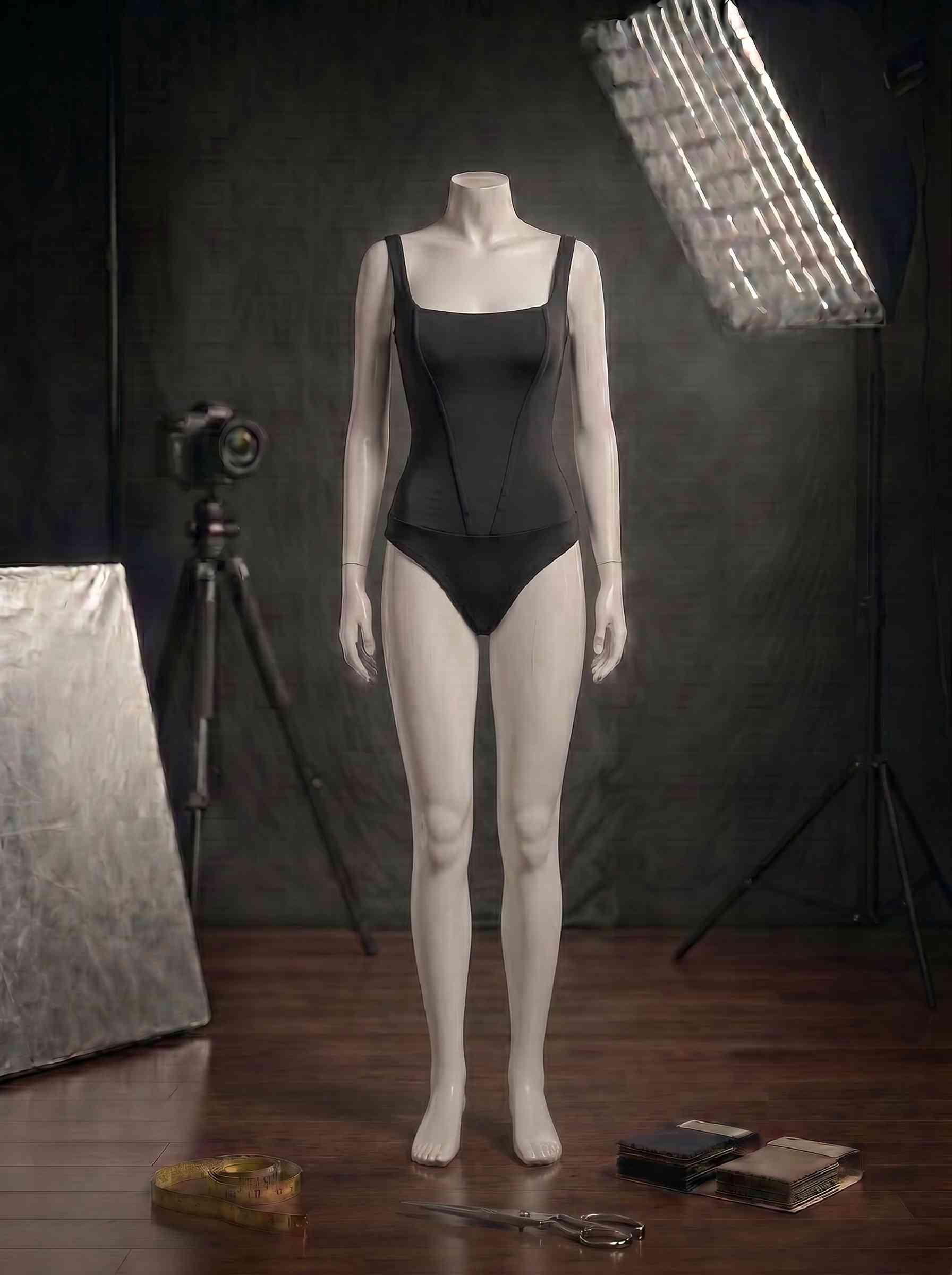 Orvelia Aura Siyah Kare Yaka Korse Dikişli İnce Askılı Bodysuit