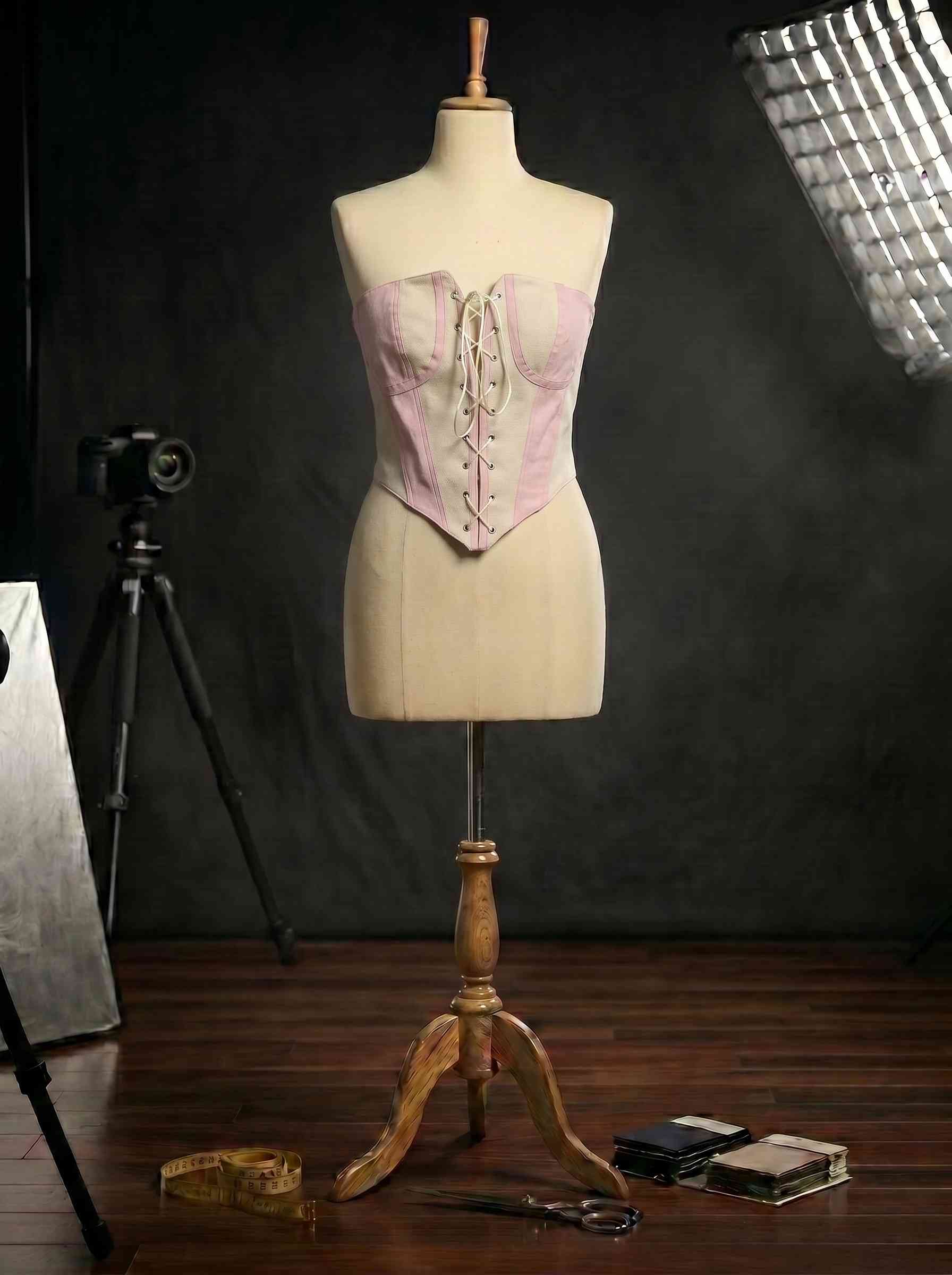 Orvelia Blush Ekru Pembe Bloklu Önden Bağcıklı Straplez Korse Büstiye