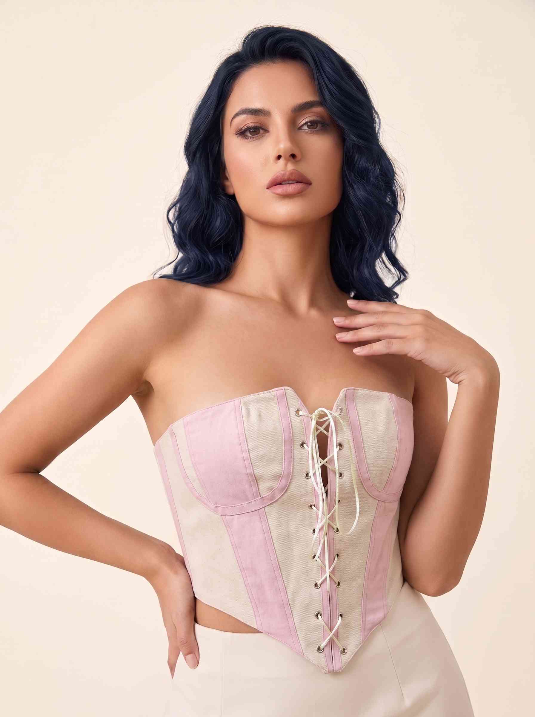 Orvelia Blush Ekru Pembe Bloklu Önden Bağcıklı Straplez Korse Büstiye