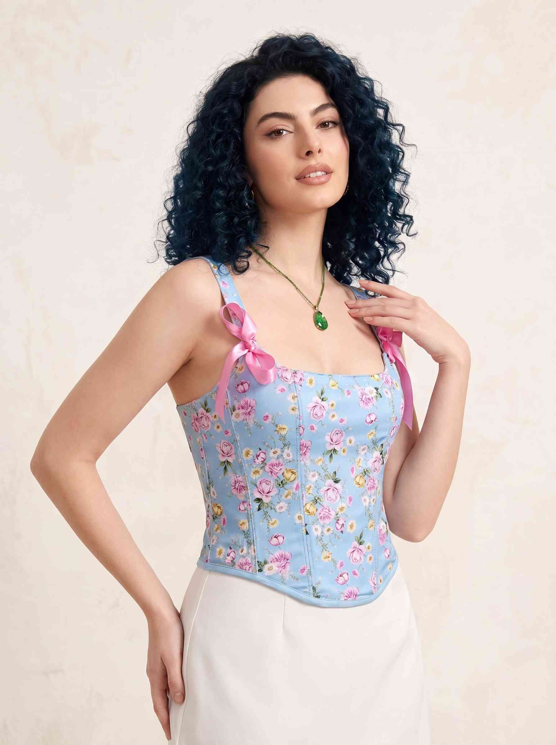 Kurdele Detaylı Çiçek Desenli Bebe Mavisi Korse Büstiyer