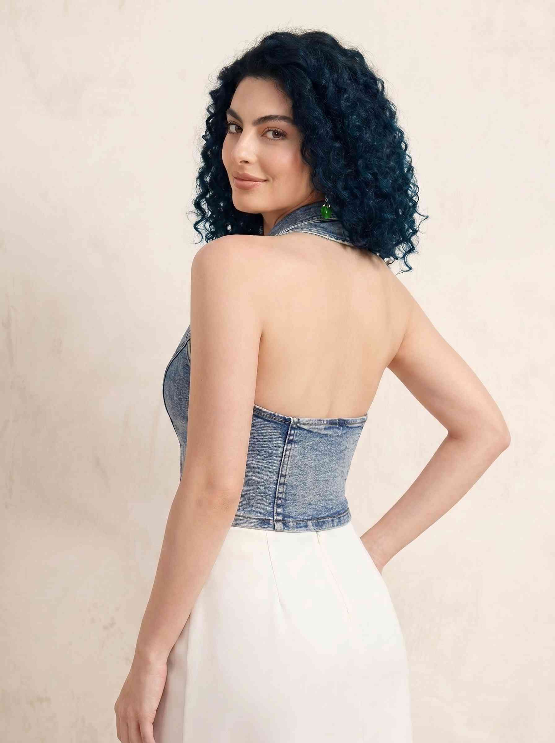 Düz Denim Crop Büstiyer - Mavi Eskitme Jean Yelek Top