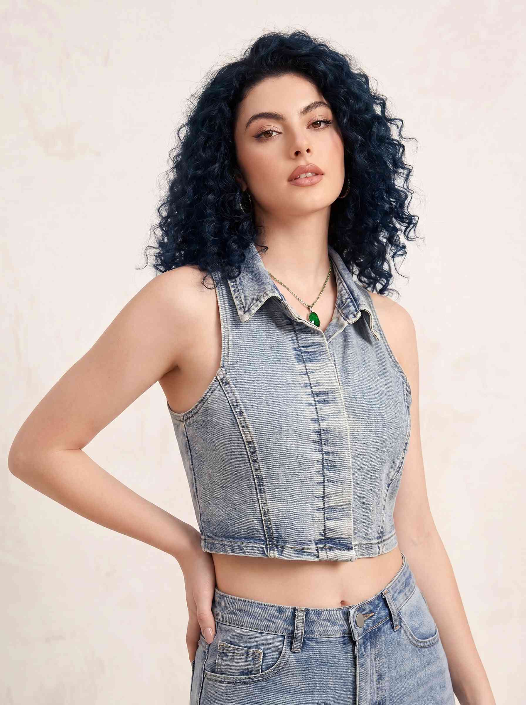 Düz Denim Crop Büstiyer - Mavi Eskitme Jean Yelek Top