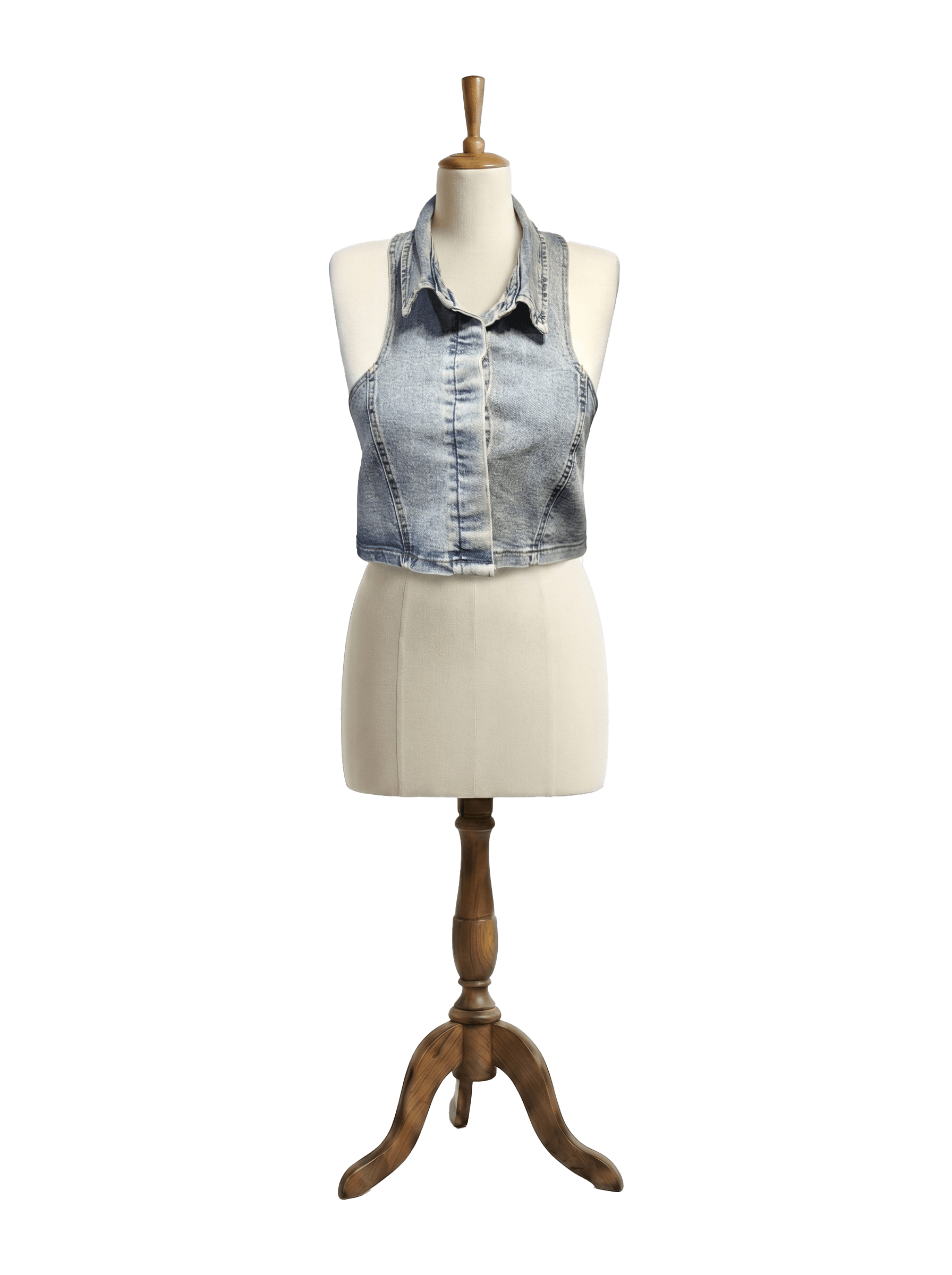 Düz Denim Crop Büstiyer - Mavi Eskitme Jean Yelek Top