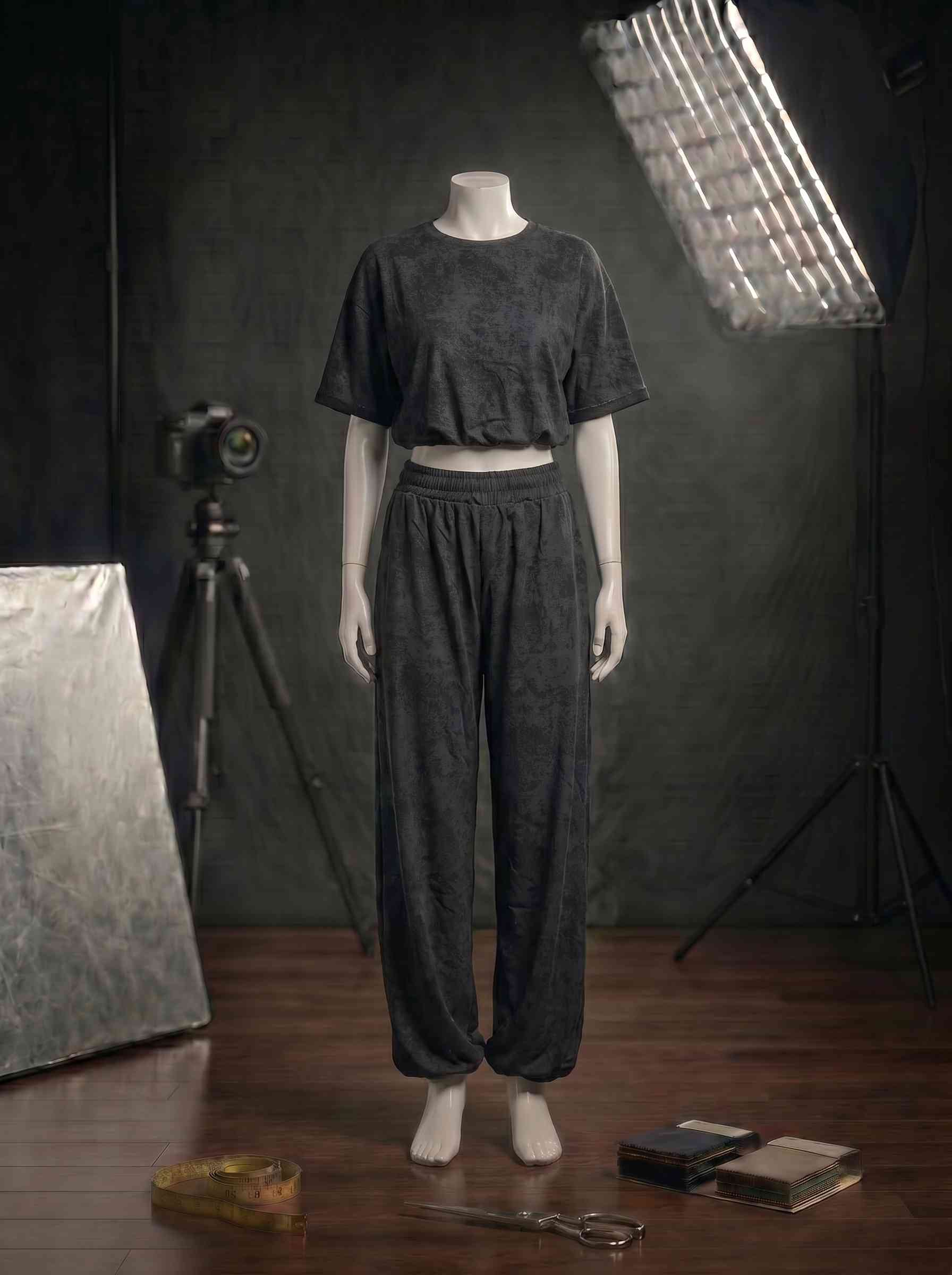 Orvelia Nox Siyah Acid Wash Crop Tişört Bol Paça Alt Takım