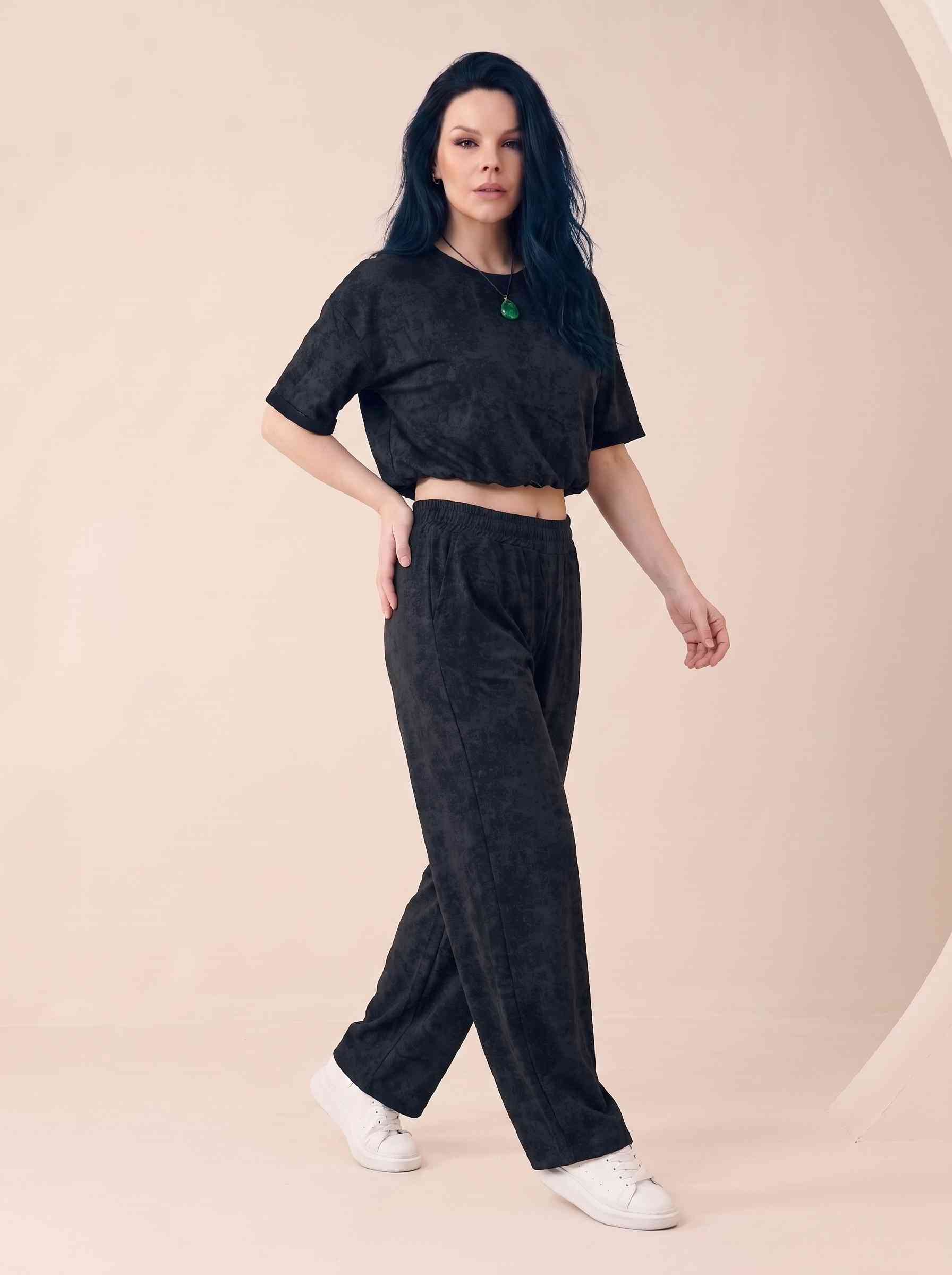 Orvelia Nox Siyah Acid Wash Crop Tişört Bol Paça Alt Takım
