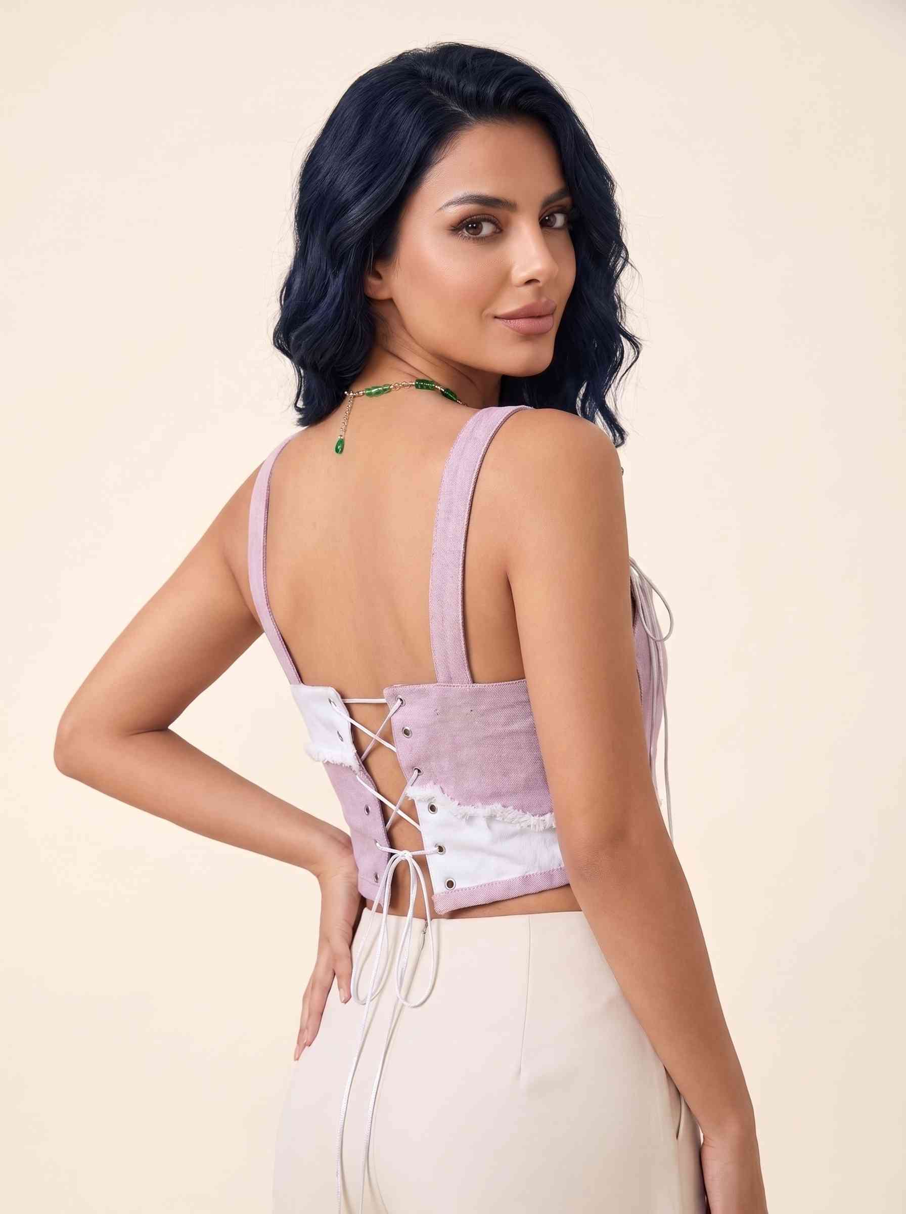 Orvelia Thalia Lila Asimetrik Püsküllü Bağcık Detaylı Askılı Denim Korse Büstiyer