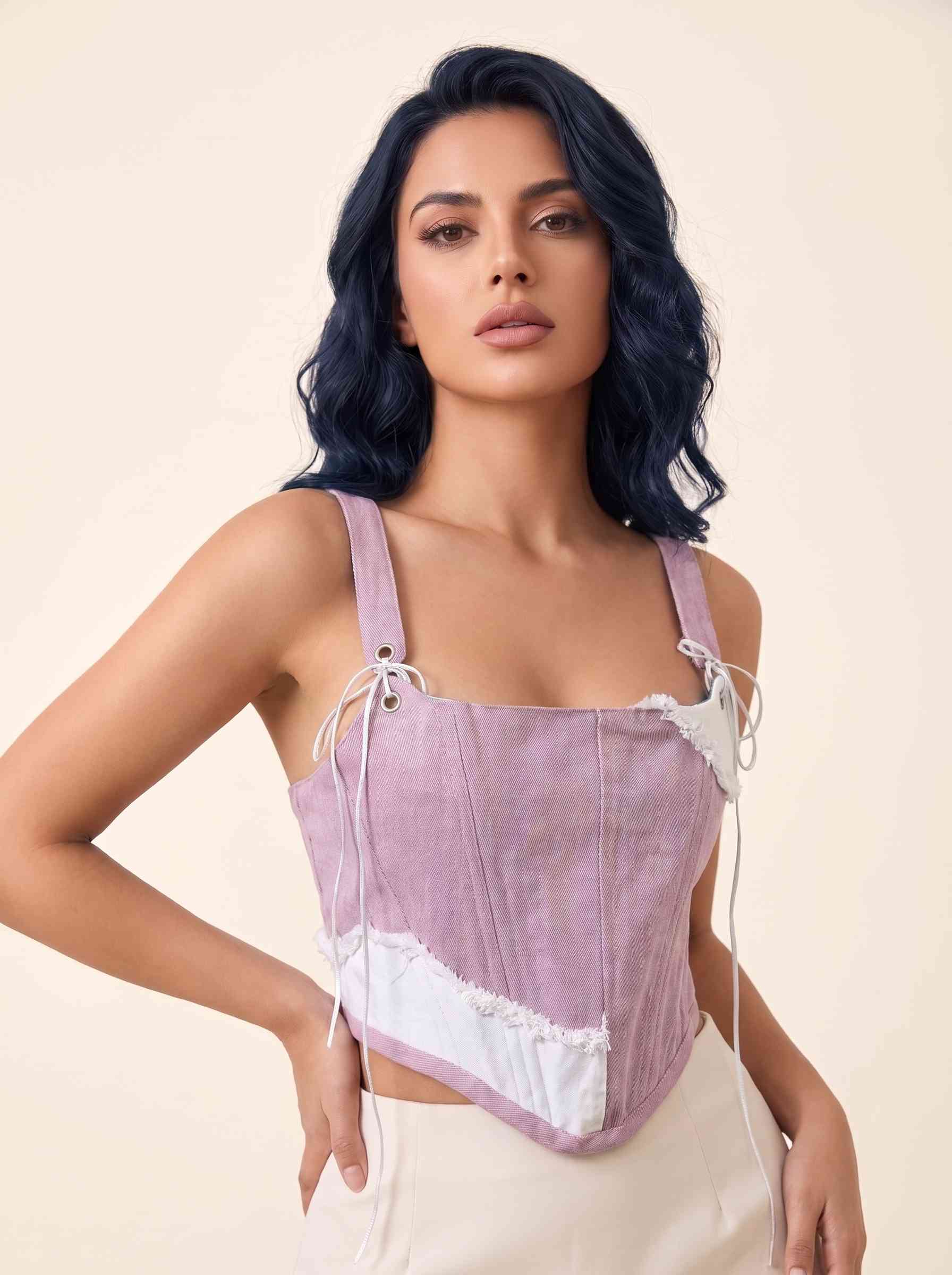 Orvelia Thalia Lila Asimetrik Püsküllü Bağcık Detaylı Askılı Denim Korse Büstiyer