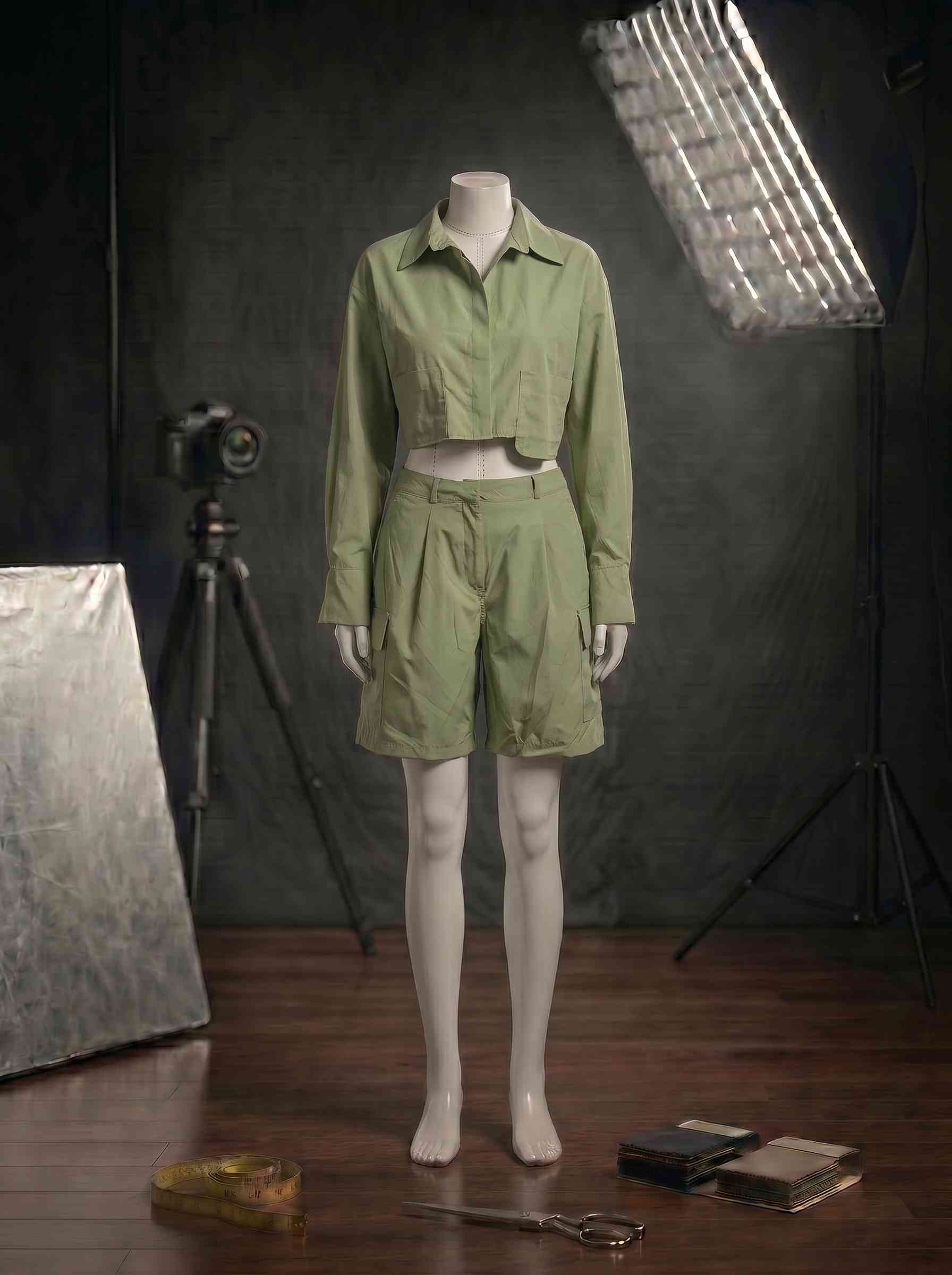 Orvelia Verda Fıstık Yeşili Crop Gömlek Kargo Şort Takım