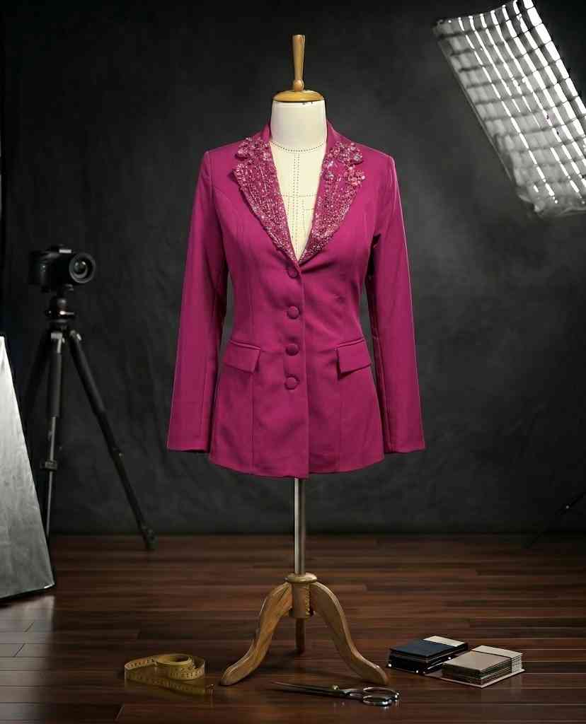 Yaka El İşçiliği Kristal İşlemeli Tailored Magenta Blazer Ceket Rhodolite