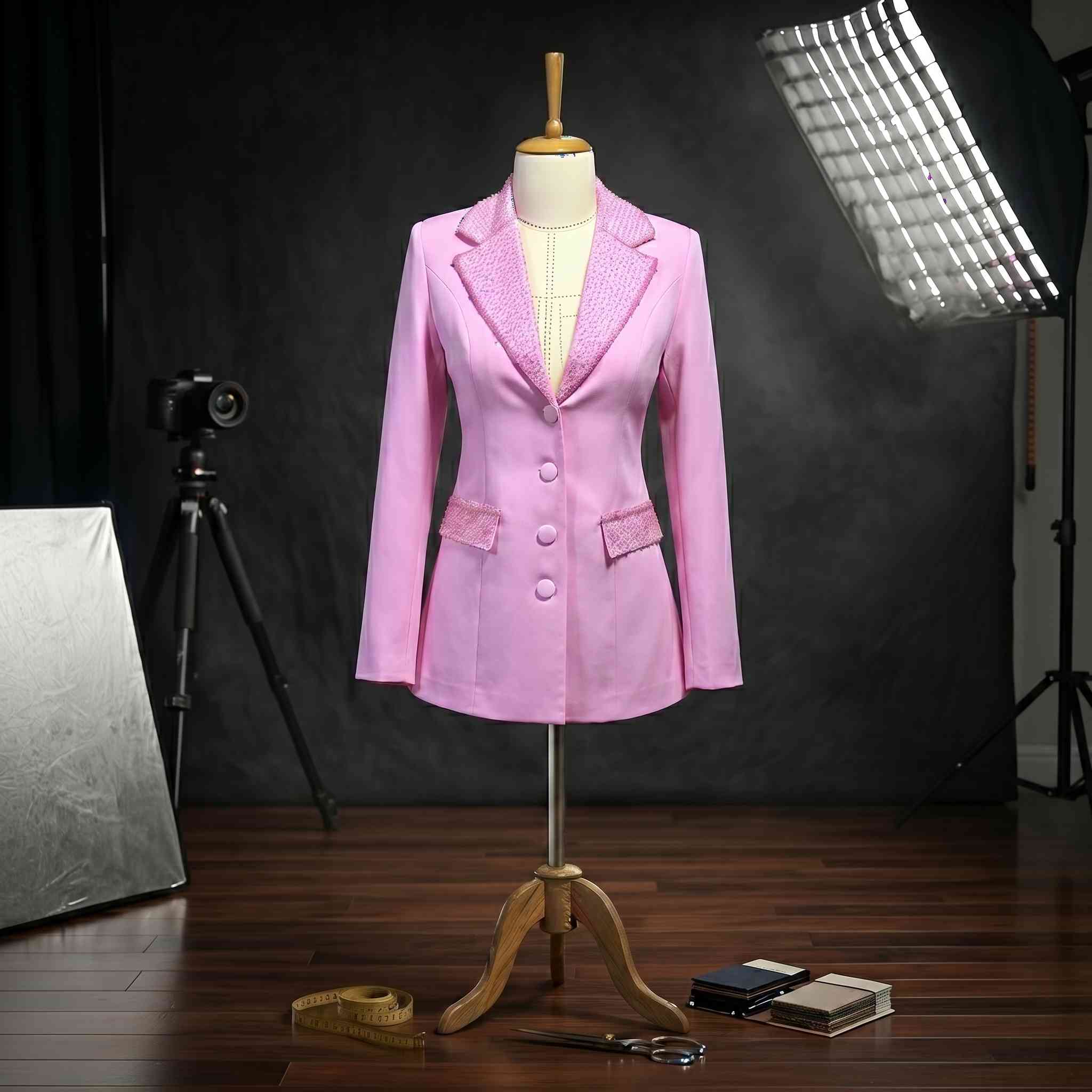Yaka ve Cep Kristal İşlemeli Tailored Pembe Blazer Ceket Rose