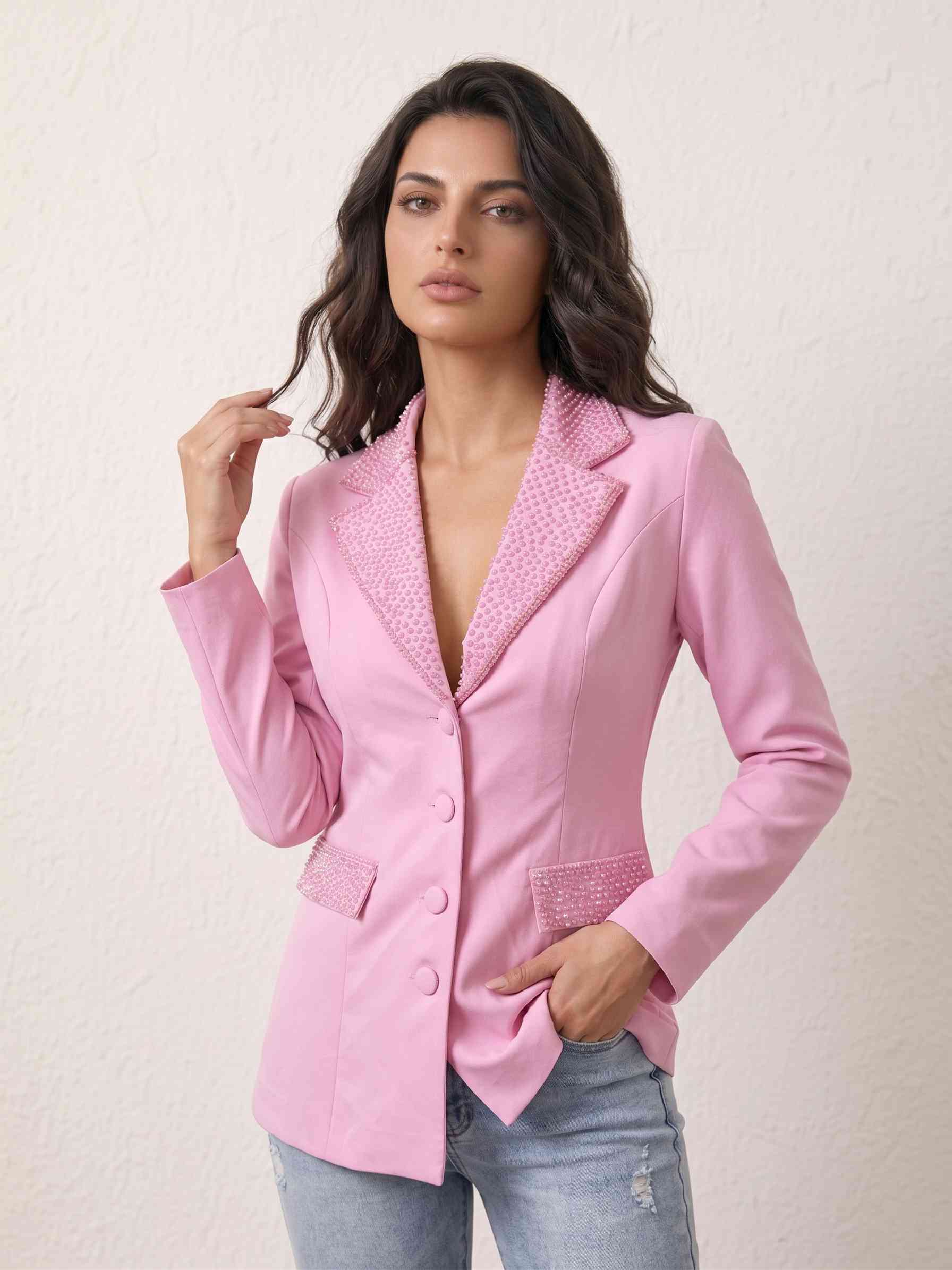 Yaka ve Cep Kristal İşlemeli Tailored Pembe Blazer Ceket Rose