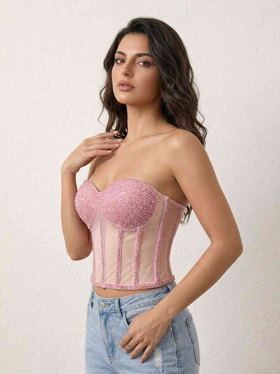 Rosalia Venustas Pudra Pembe Kristal İşlemeli Transparan Balenli Korse Büstiyer