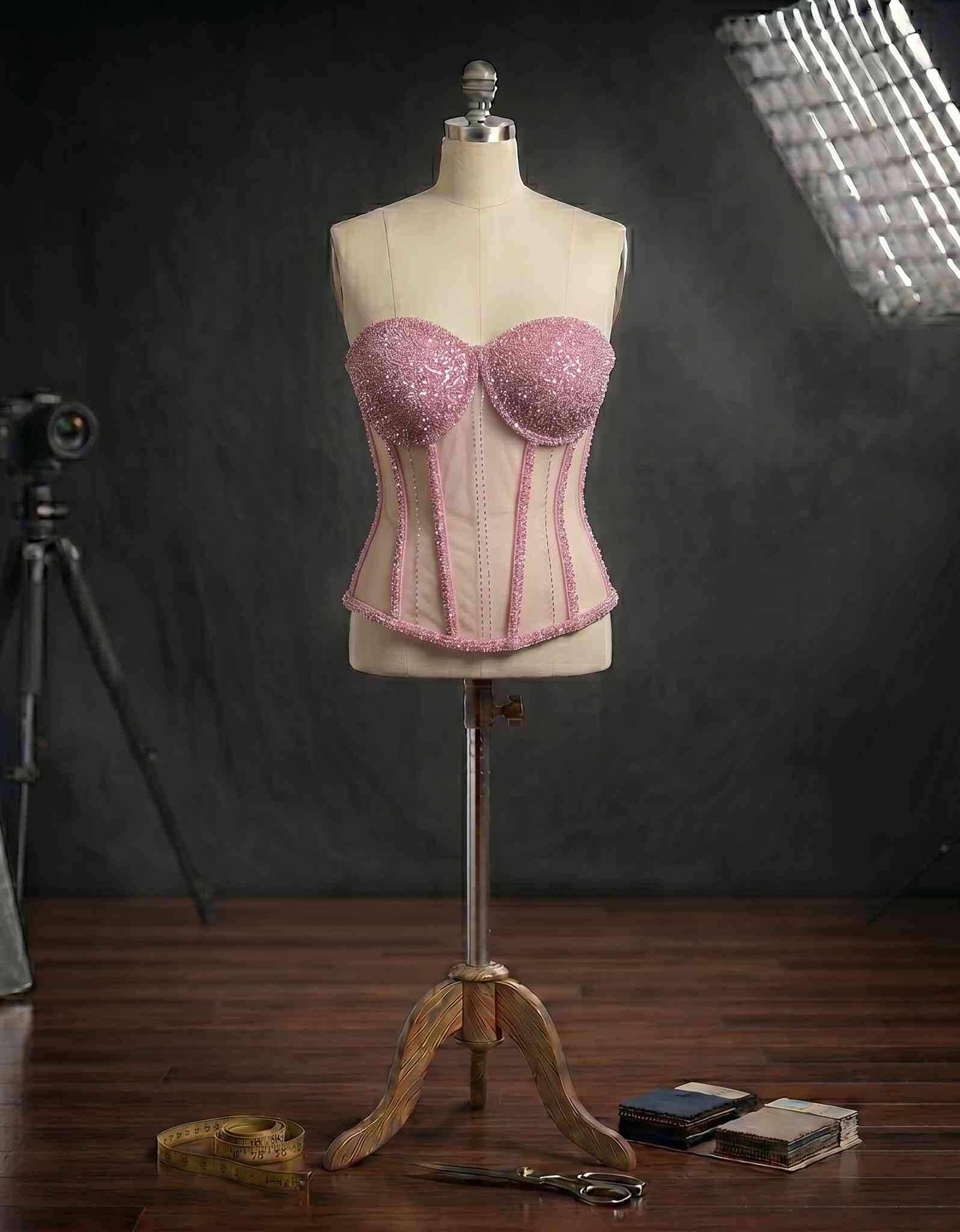 Rosalia Venustas Pudra Pembe Kristal İşlemeli Transparan Balenli Korse Büstiyer