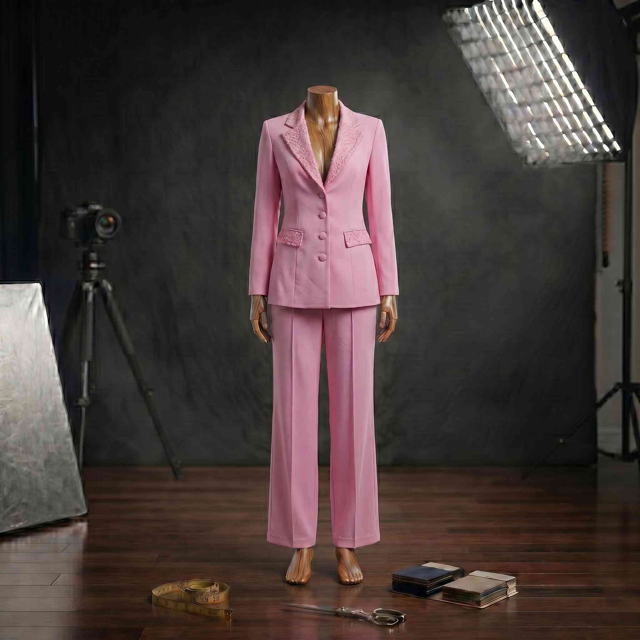 Yaka ve Cep Kristal İşlemeli Tailored Pembe Blazer Ceket ve Pantolon Takımı Rose