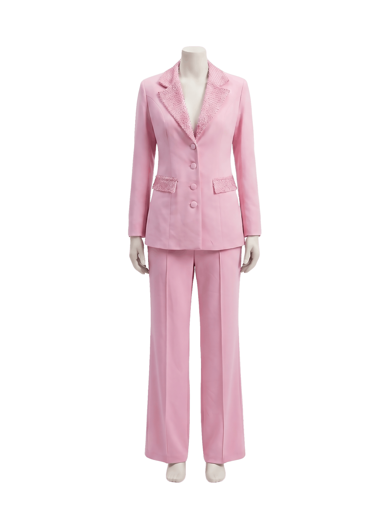 Yaka ve Cep Kristal İşlemeli Tailored Pembe Blazer Ceket ve Pantolon Takımı Rose