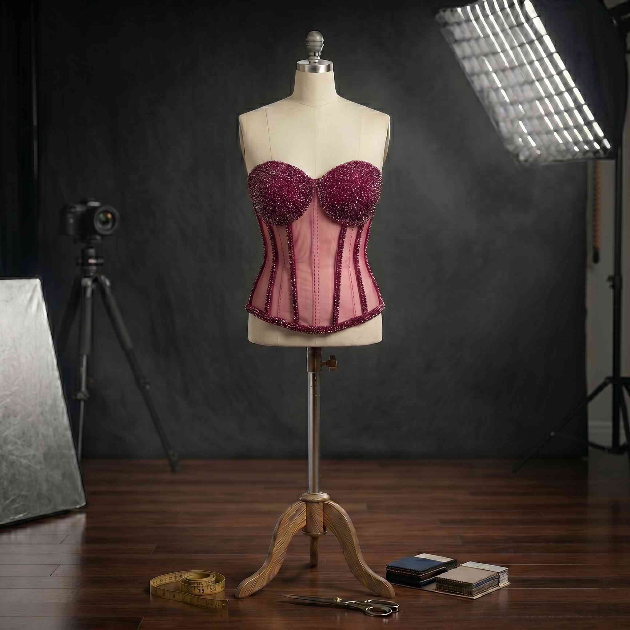 Kristal İşlemeli Kırmızı Transparan Detaylı Korse Büstiyer Rubra
